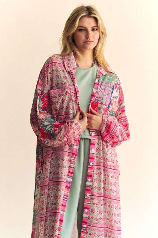 PT30864 - PLUS BUTTON FRONT MAXI SHIRT COVER-UP TOP
