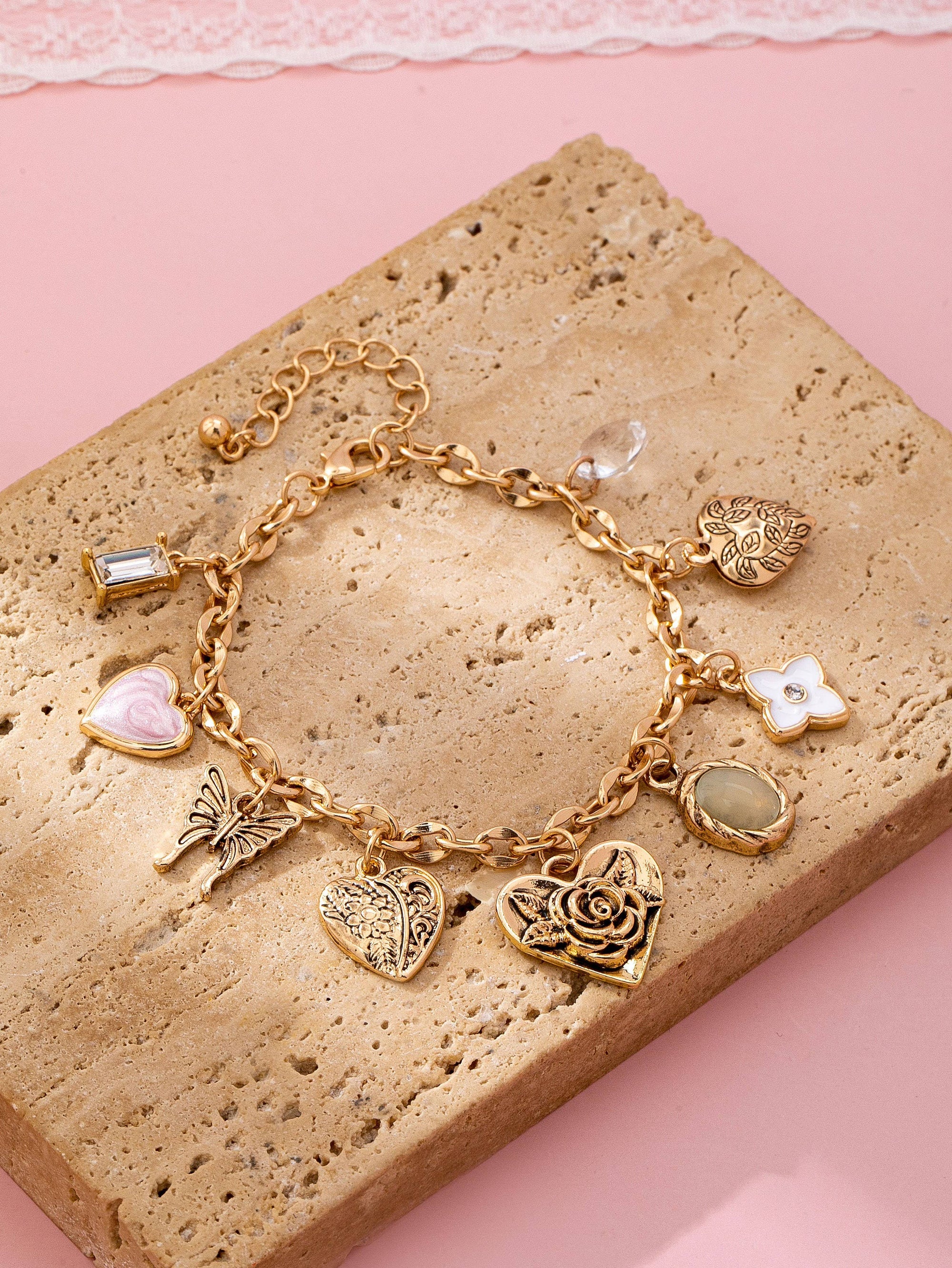 Gold Charm Bracelet with Hearts & Flowers