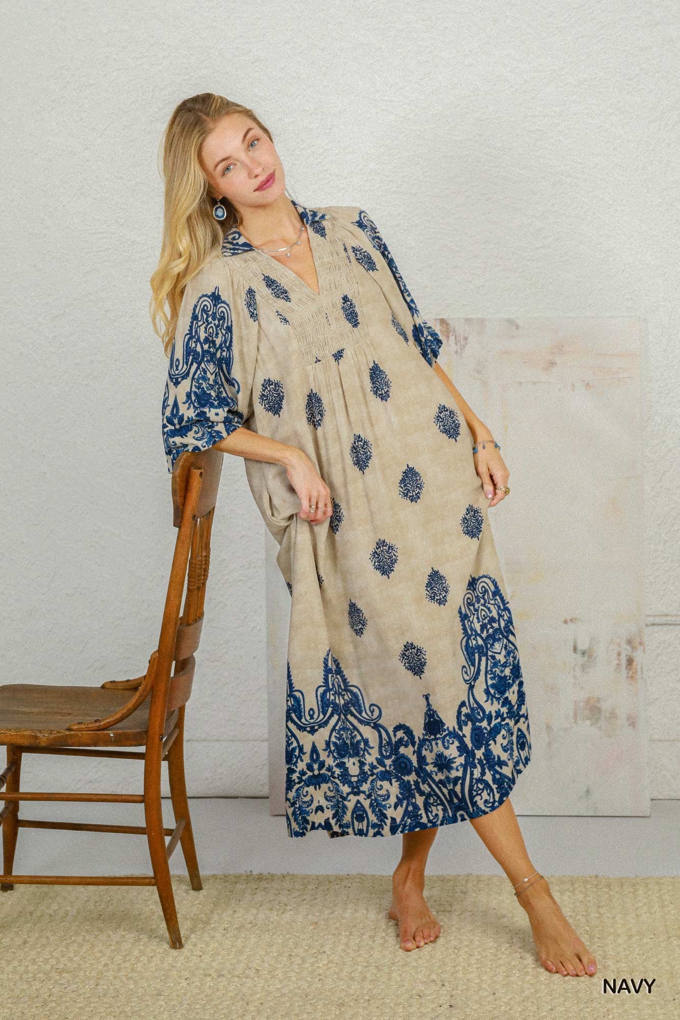 Umgee Border Print Smocked Detail Midi Dress