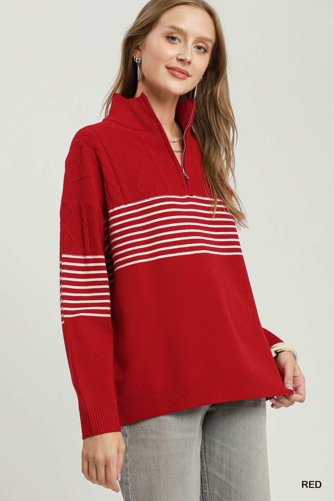 Umgee Quarter Zip Stripe Cabal Knot Sweater