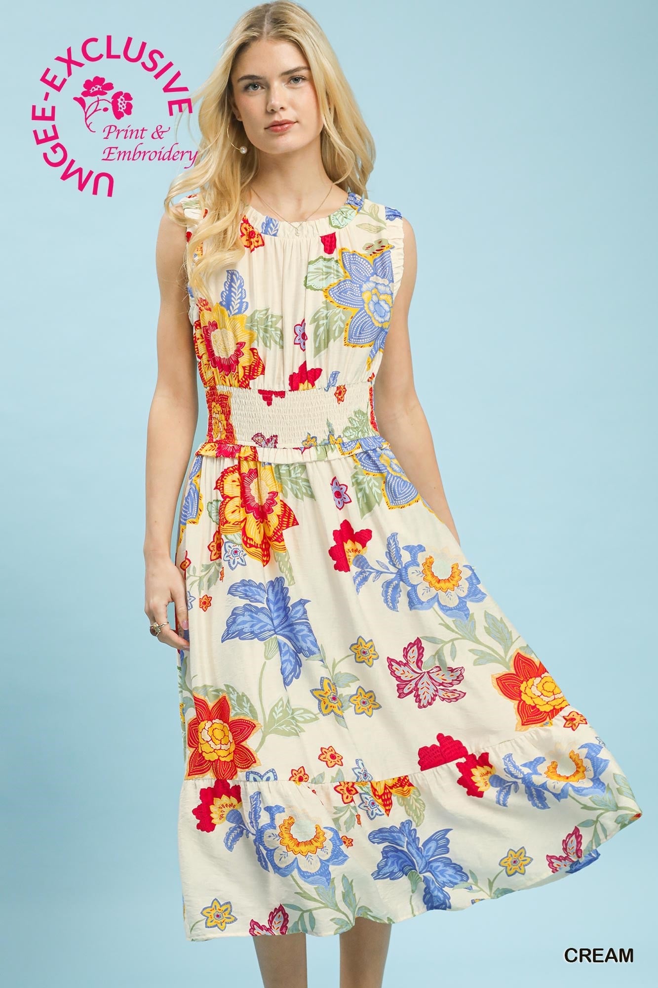 Umgee Exclusive Print Floral Smocked Midi Dress