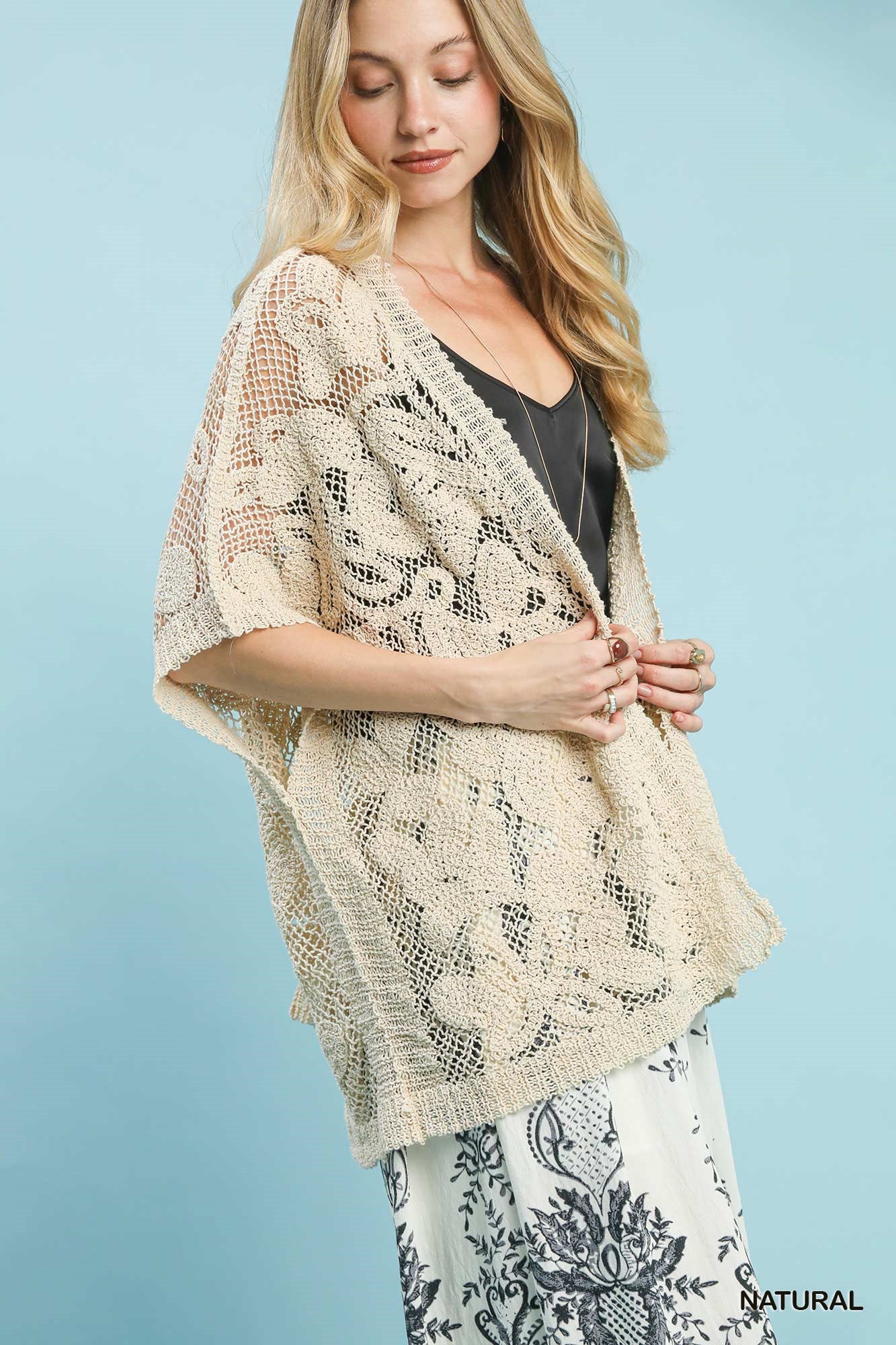Umgee Open Knit Crochet Kimono Cardigan