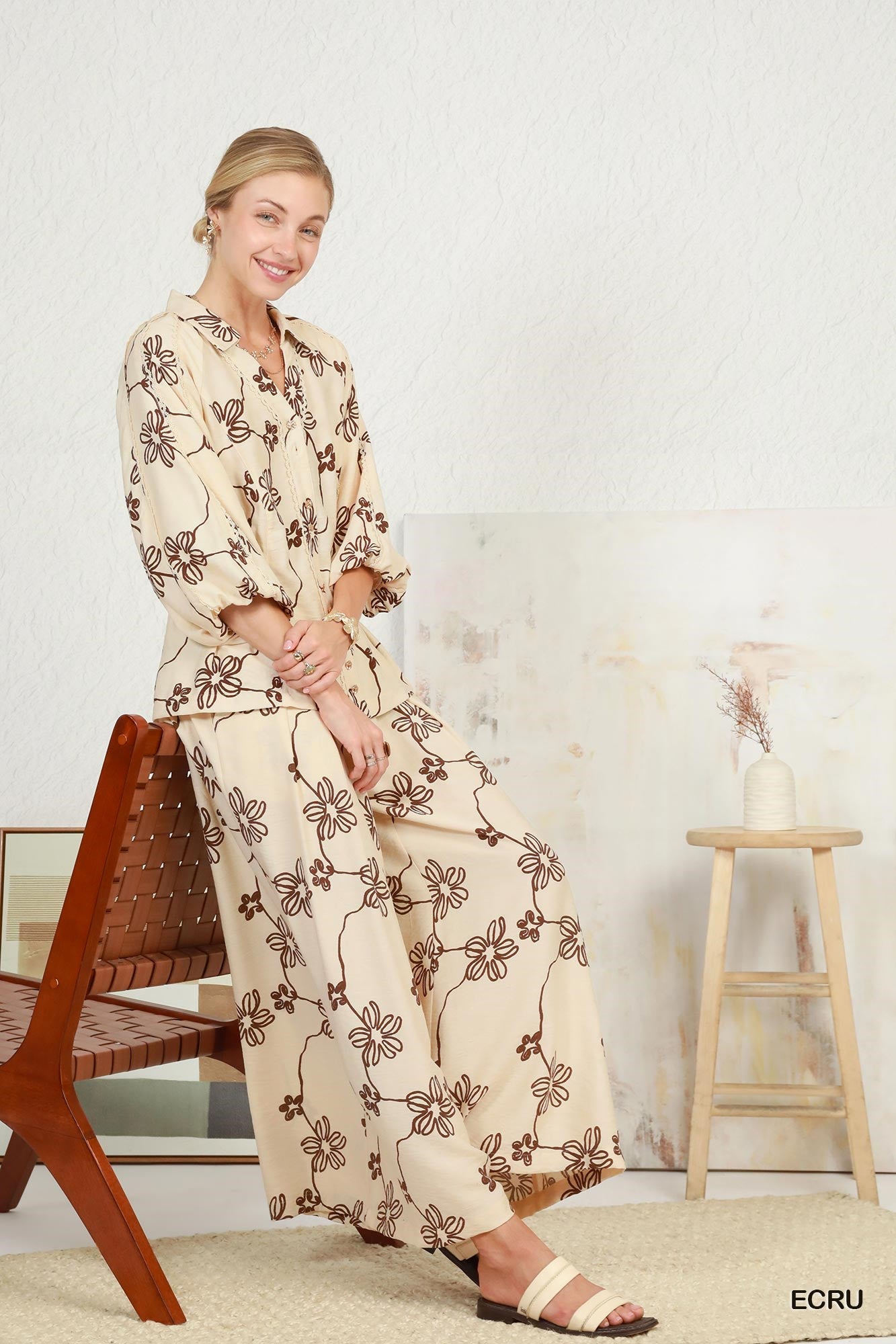 Umgee Floral Print Button Front Collared Blouse