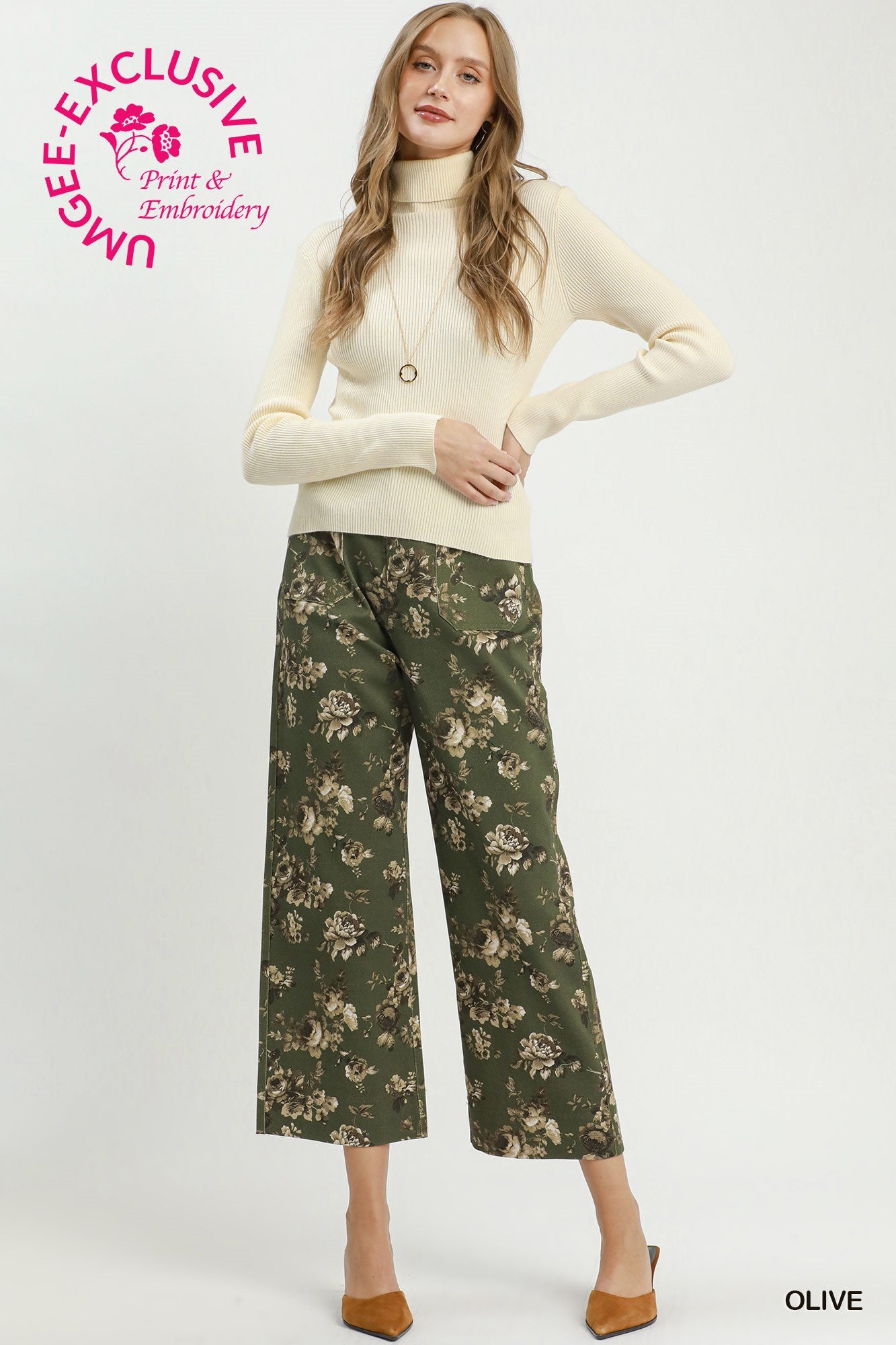 Umgee CopyRight Print, Floral Wide Leg Cropped Pants