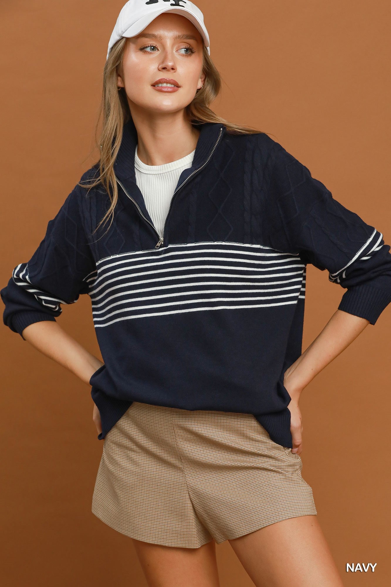 Umgee Quarter Zip Stripe Cabal Knot Sweater
