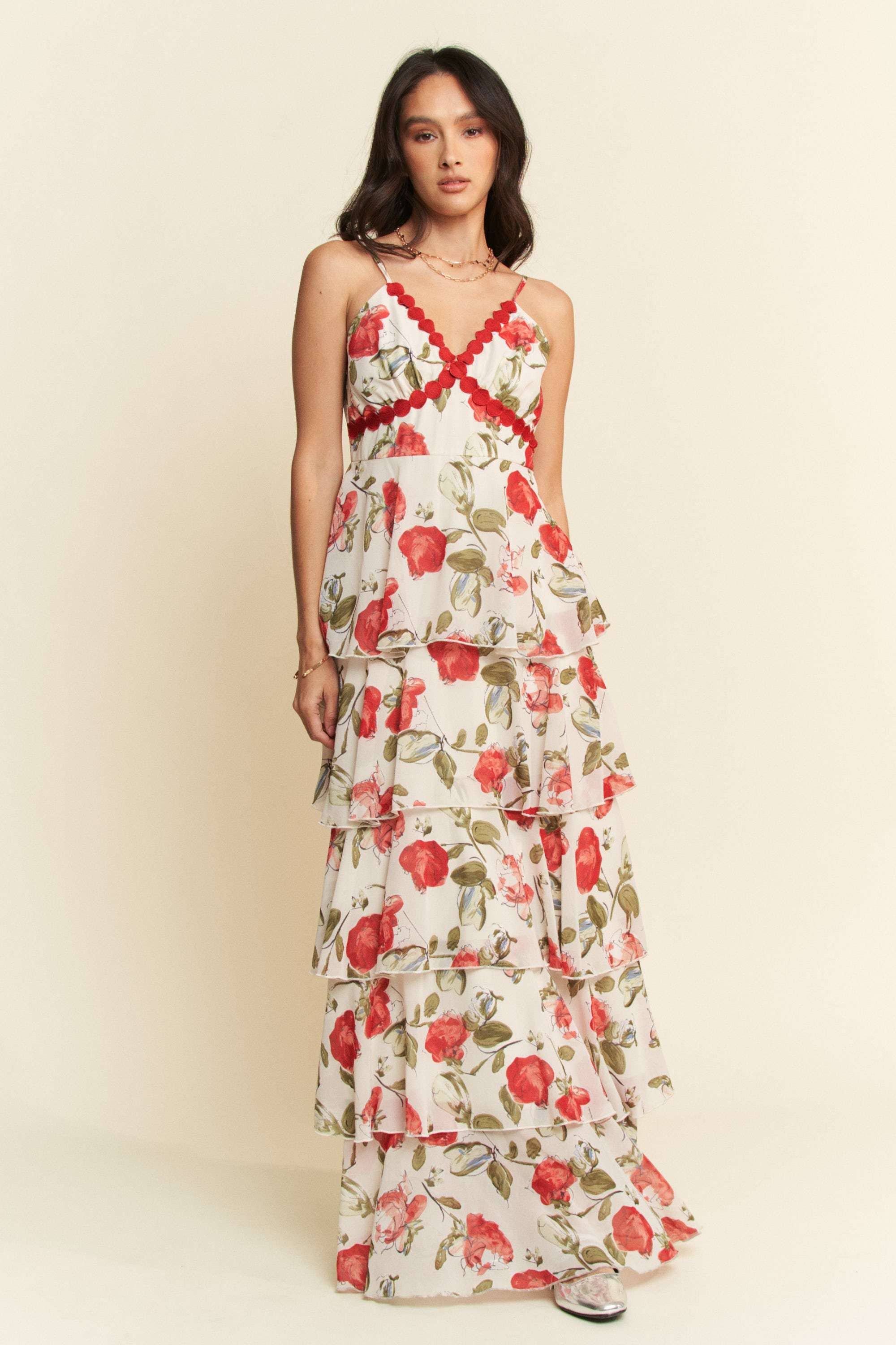 CONTRAST RING LACE CAMI TIERED RUFFLE MAXI DRESS