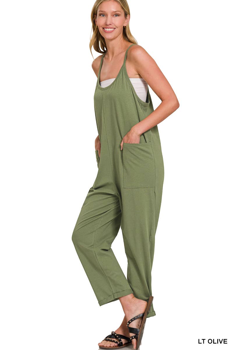 `Spaghetti Strap Pocketed Cotton Jumpsuit