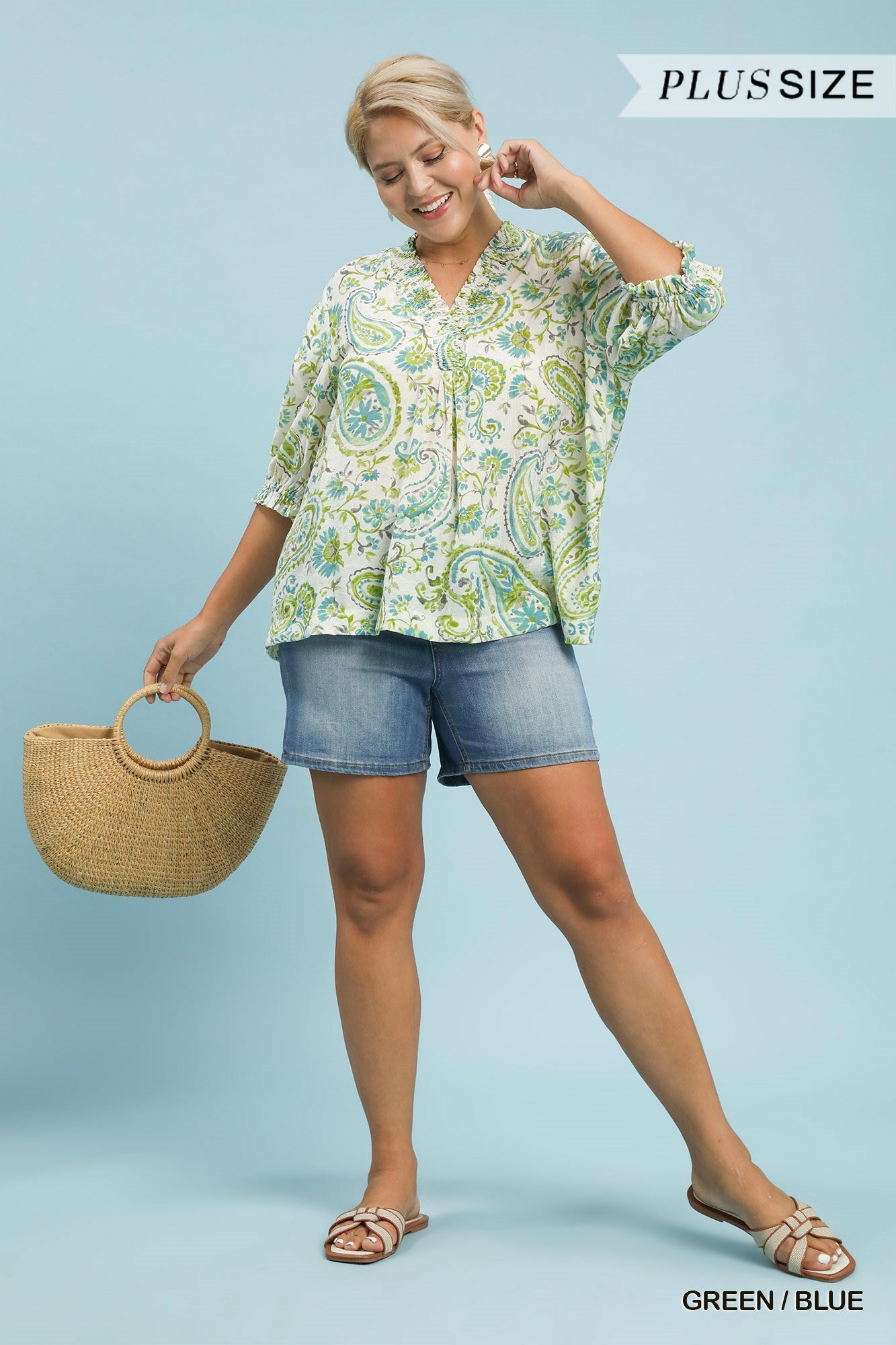Umgee Smocked V-Neck Paisley Top