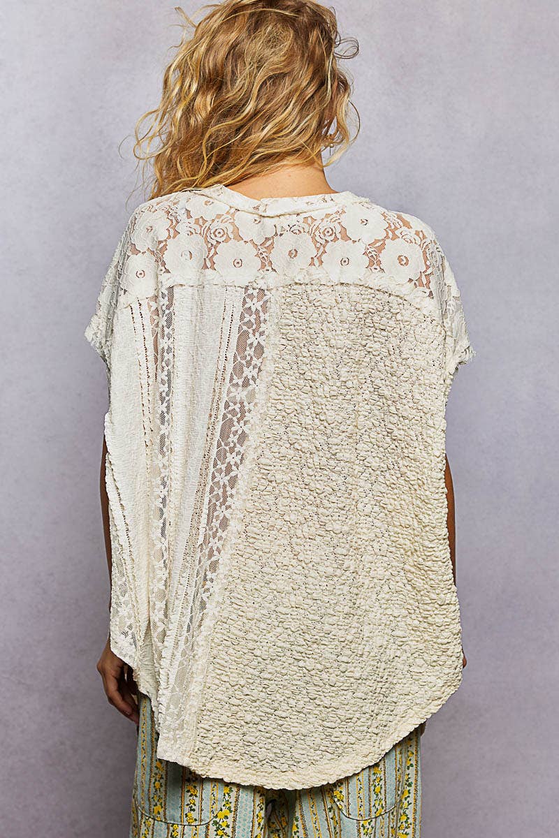 Patchwork Lace Oversized V-Neck Raw Edge Top