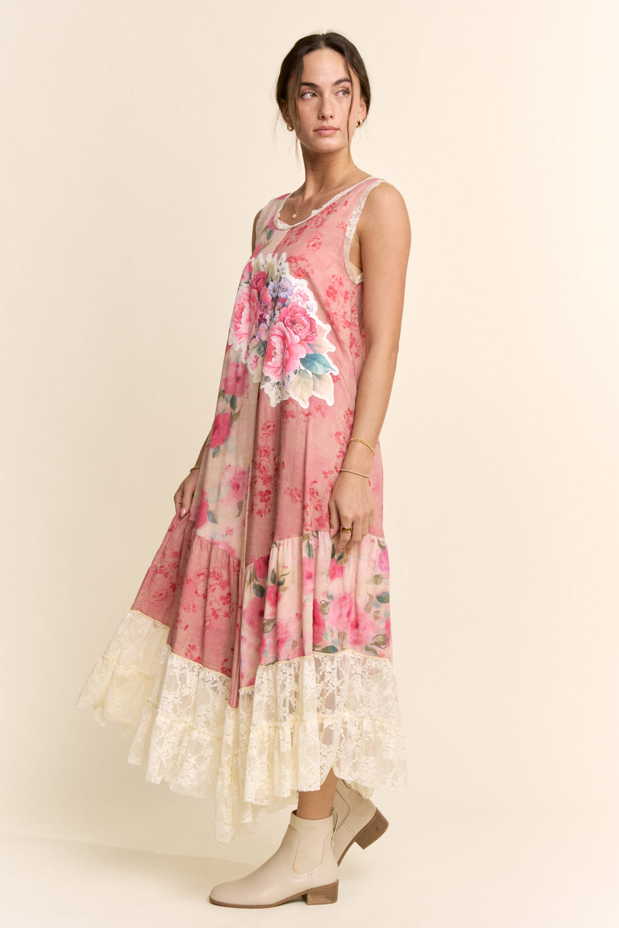 DD60145-PRINT FLOWER PATCHWORK LACE TIERED DRESS