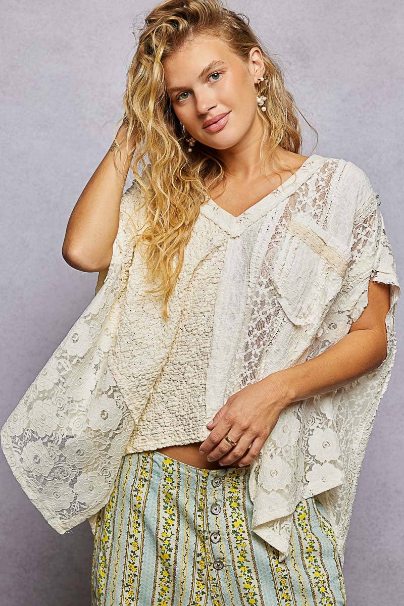 Patchwork Lace Oversized V-Neck Raw Edge Top