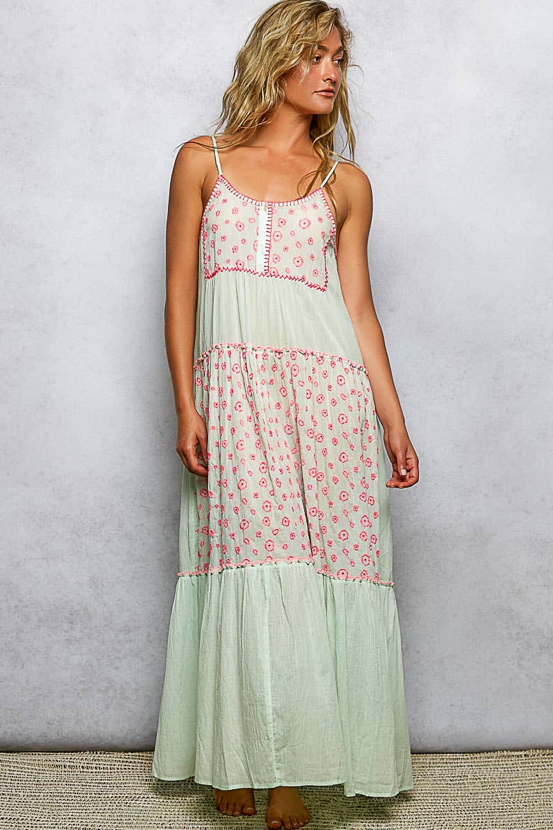 Sleeveless Shirring Embroidery Printed Woven Maxi Dress