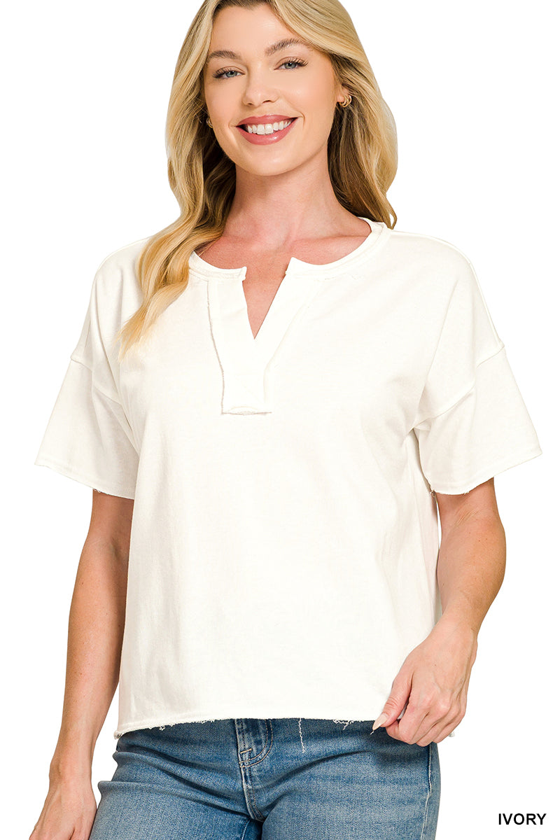 Zenana Oversized French Terry V-Neck Short Sleeve Pullover