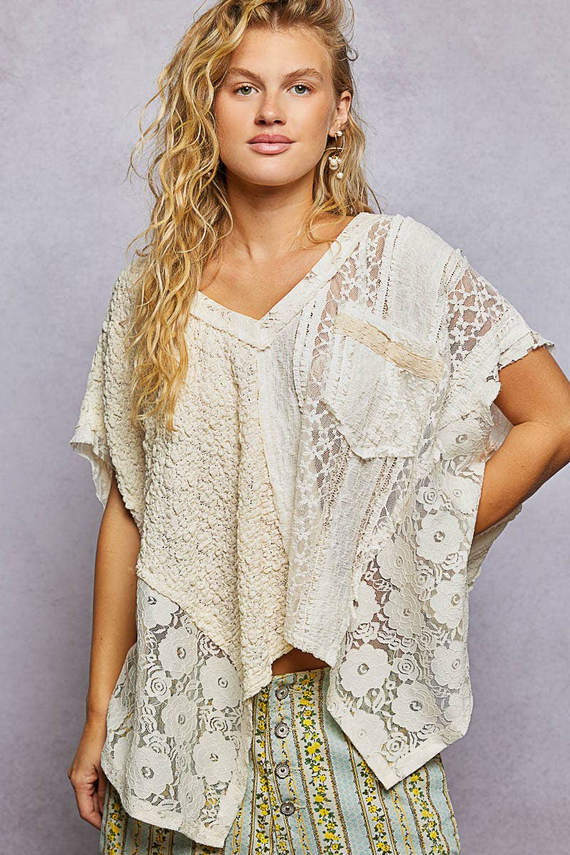 Patchwork Lace Oversized V-Neck Raw Edge Top