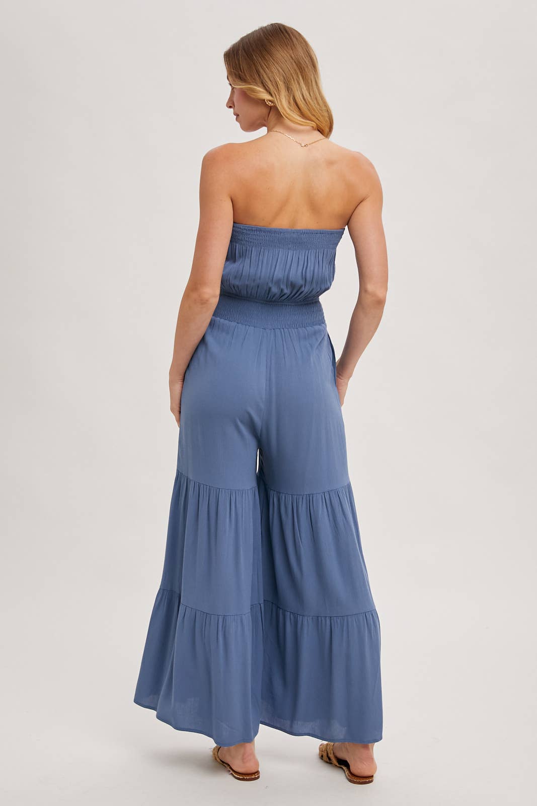 SMOCKED TIERED WIDE LEG JUMPSUIT