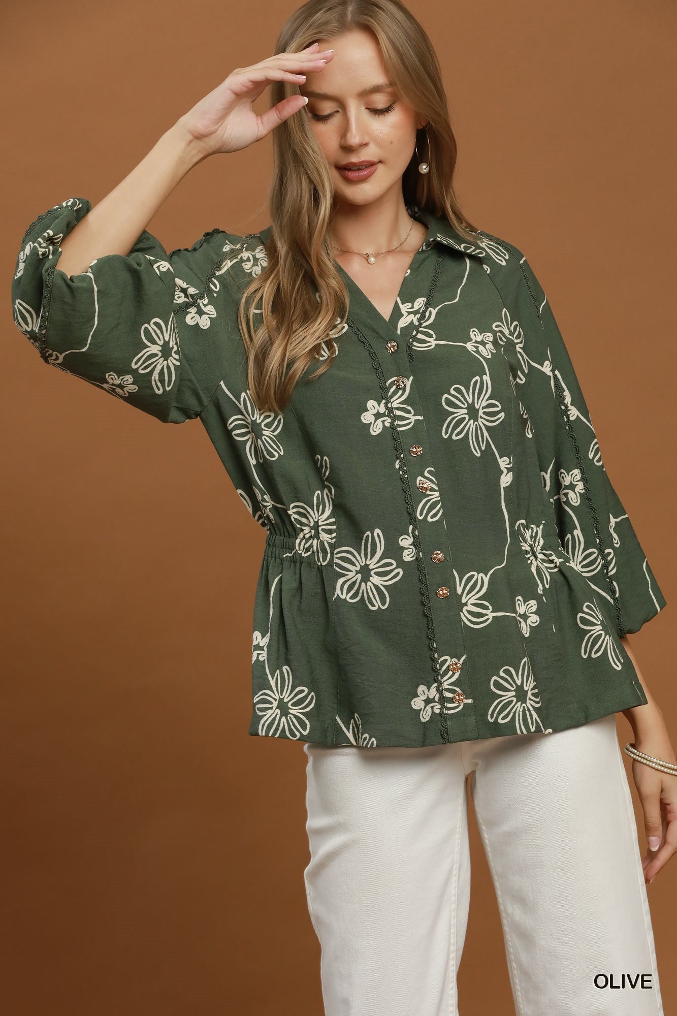 Umgee Floral Print Button Front Collared Blouse