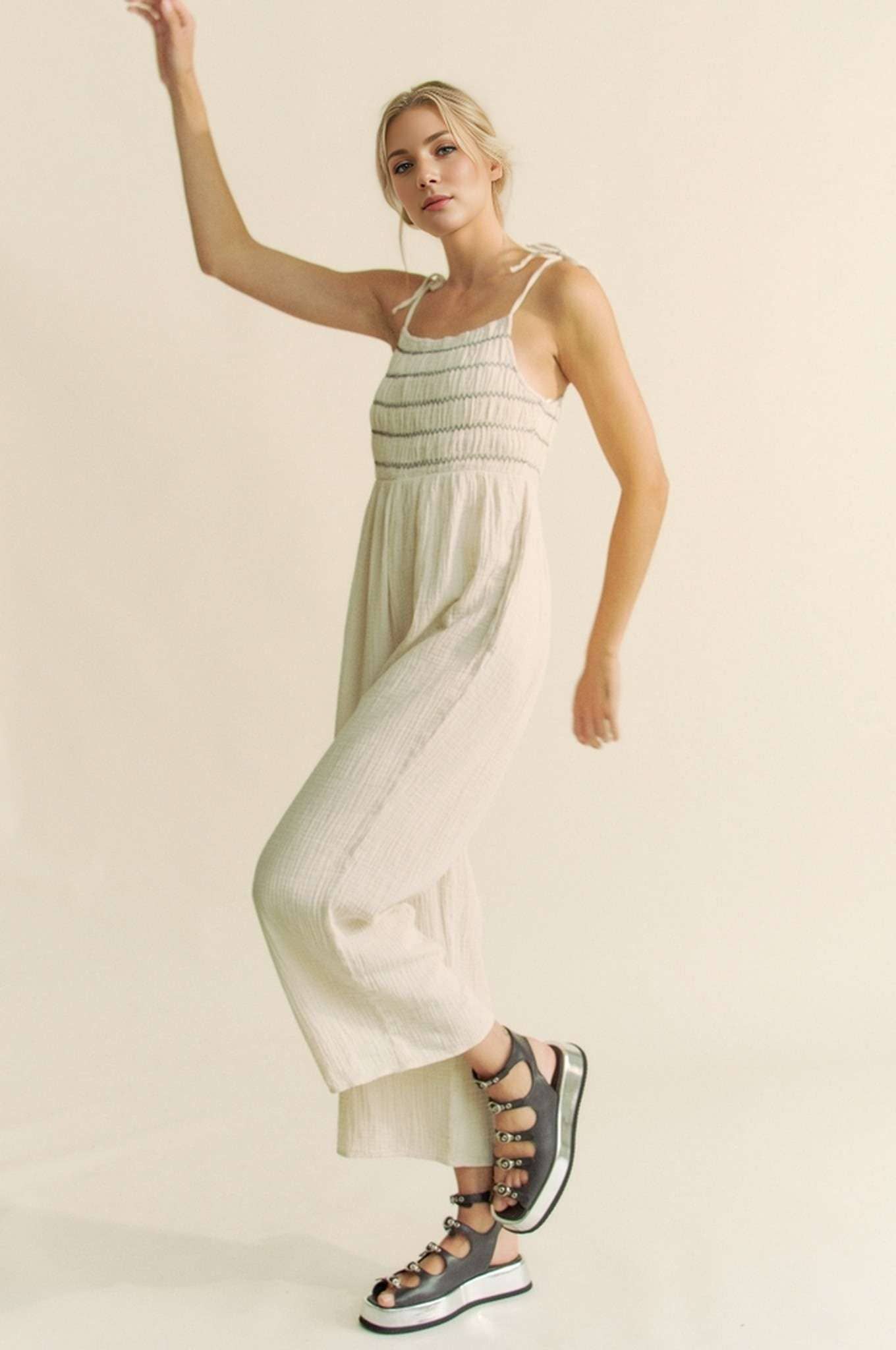GARMENT WASHED MULTI SMOCKED TIE STRAPS JUMPSUIT