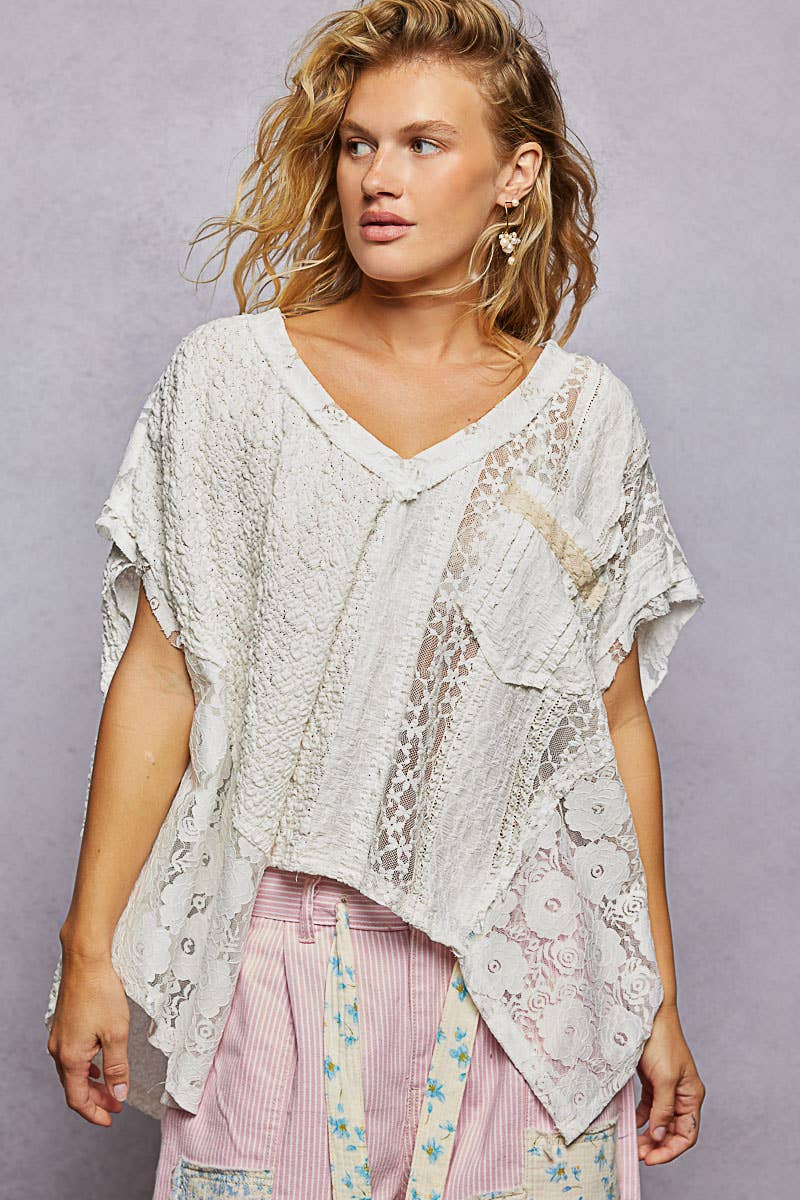 Patchwork Lace Oversized V-Neck Raw Edge Top
