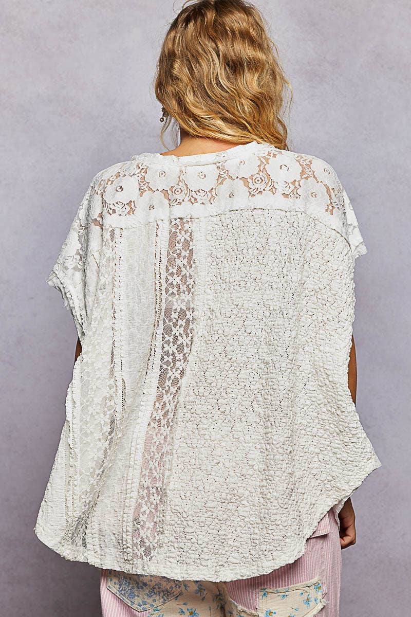Patchwork Lace Oversized V-Neck Raw Edge Top