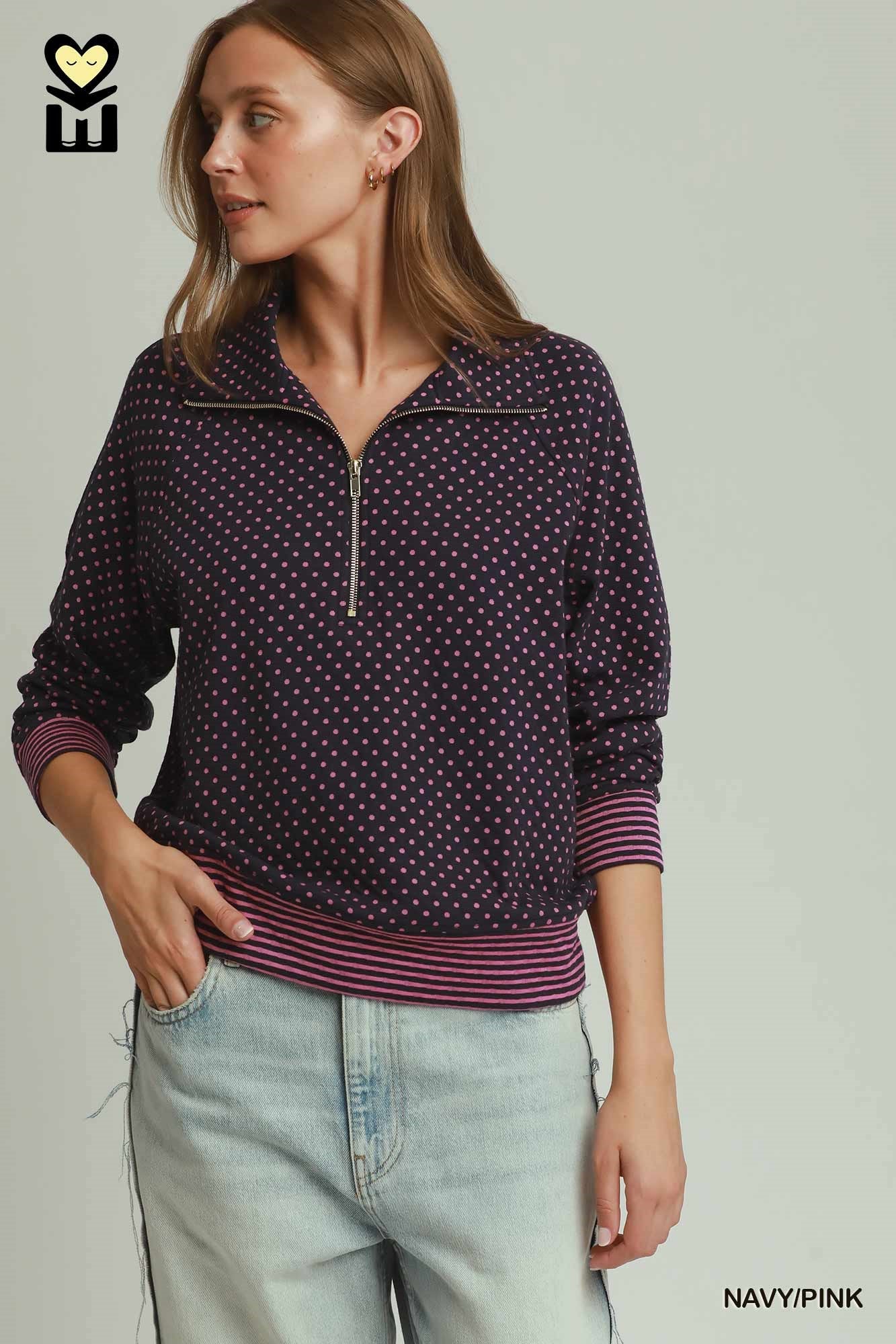 MOHME by Umgee Polka Dot Half Zip Pullover