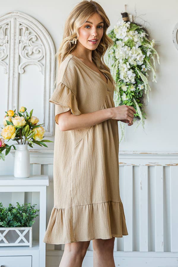 Flowy Crinkle V-Neck Short Sleeve Ruffle Hem Dress D5146