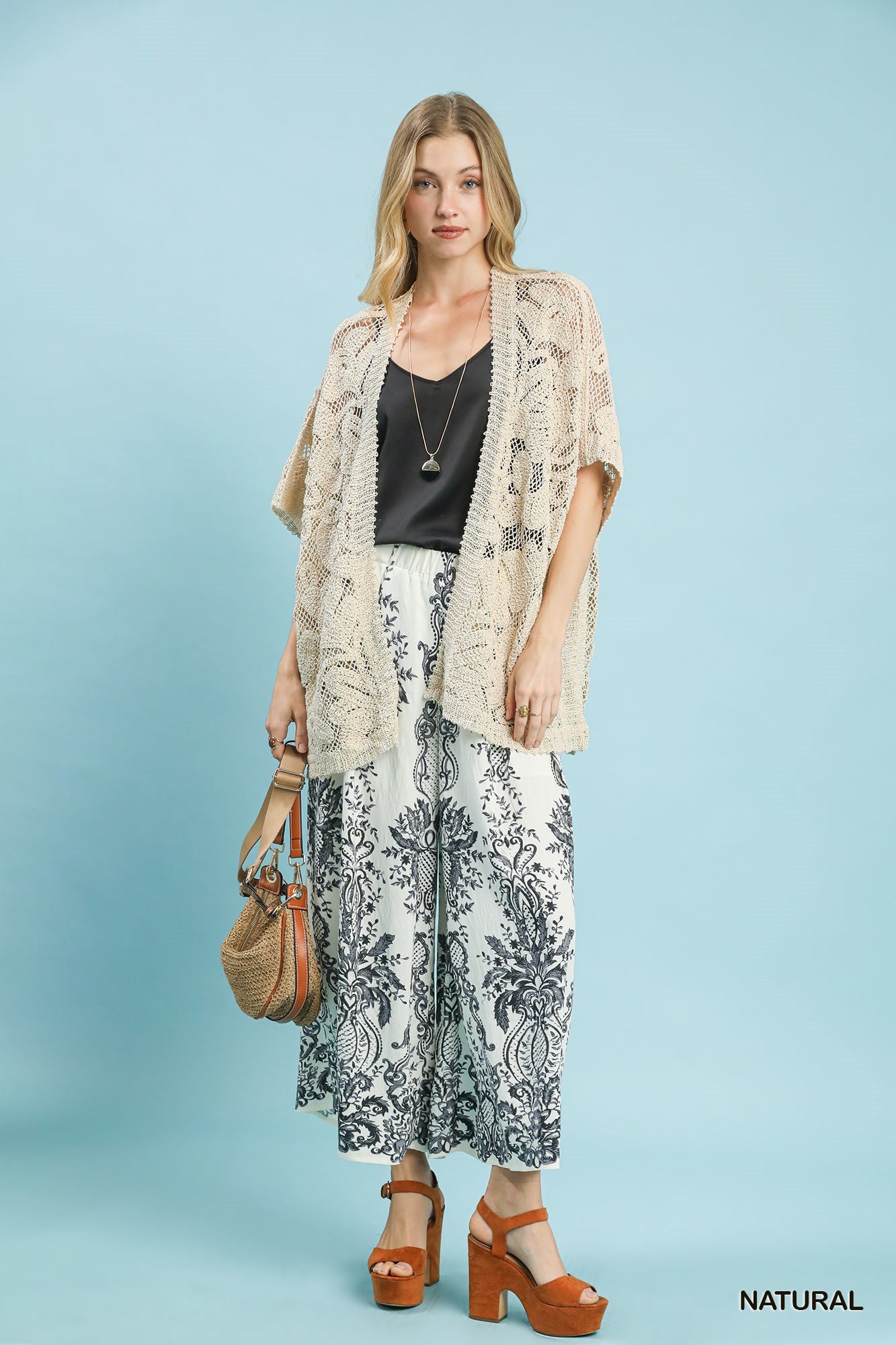 Umgee Open Knit Crochet Kimono Cardigan