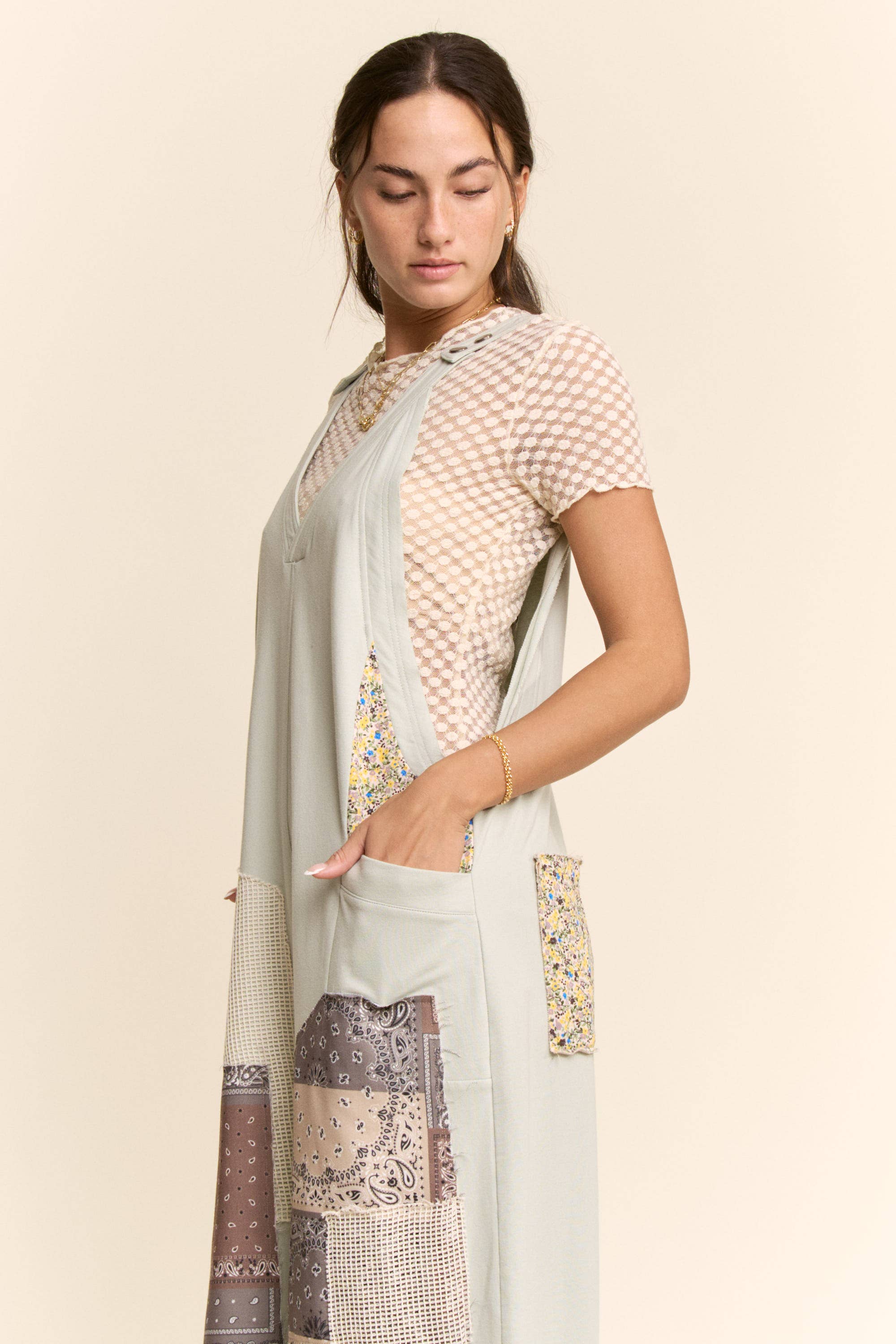 DR50374-COTTON PATCHWORK JUMPSUIT ADJUSTABLE STRAP