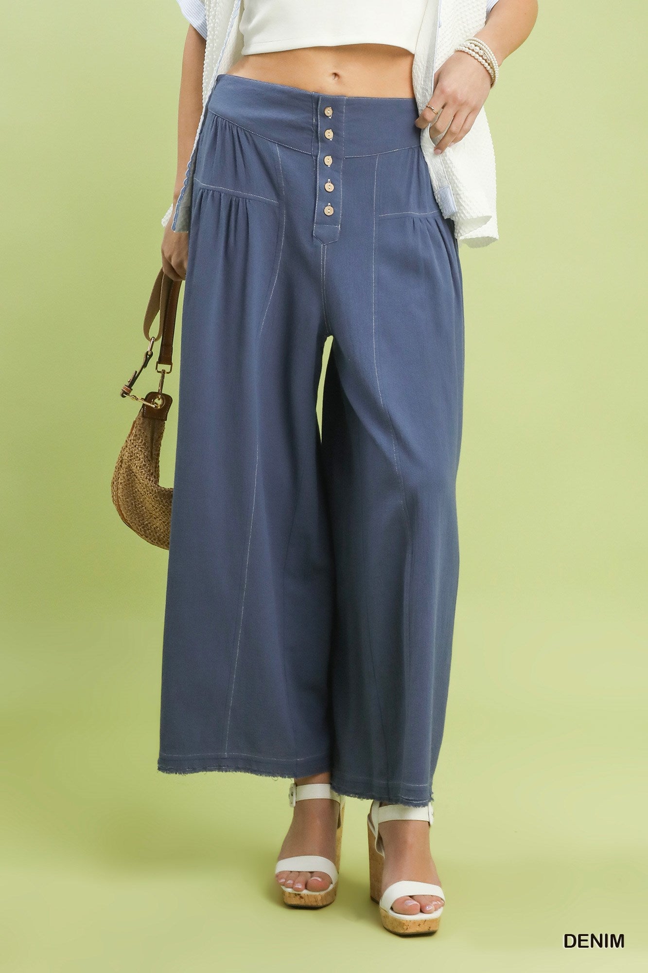 Umgee High Waist Button Front Wide Leg Pants