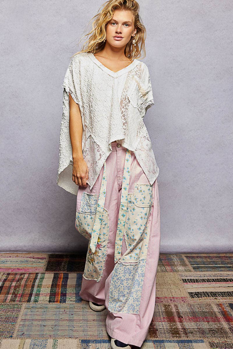 Patchwork Lace Oversized V-Neck Raw Edge Top