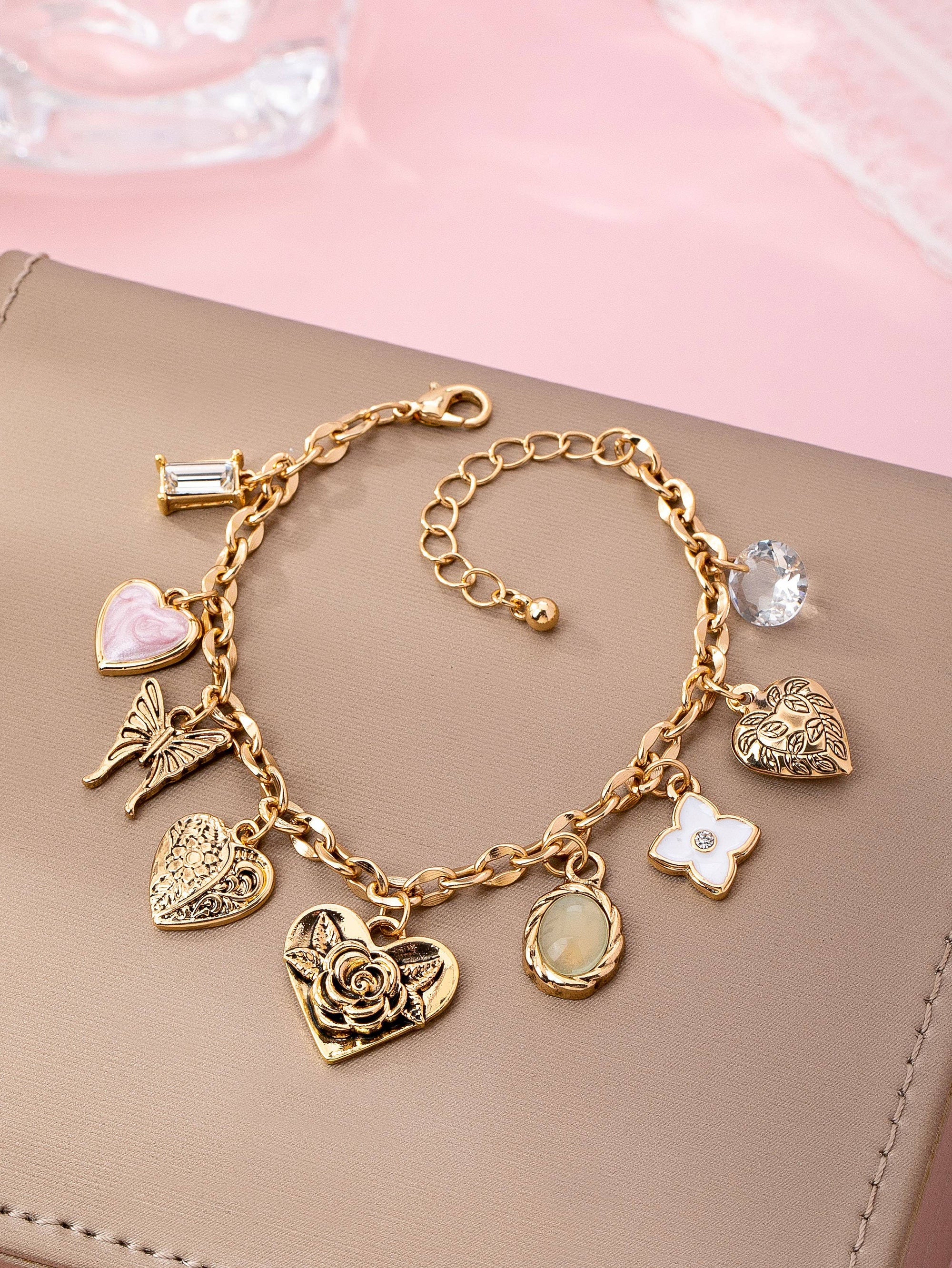 Gold Charm Bracelet with Hearts & Flowers
