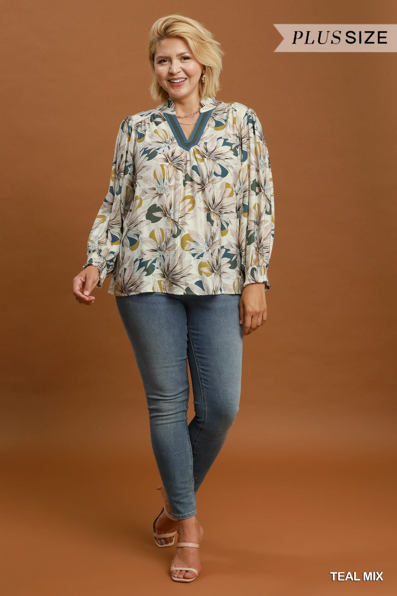 Umgee Floral Ruffle V- Neck