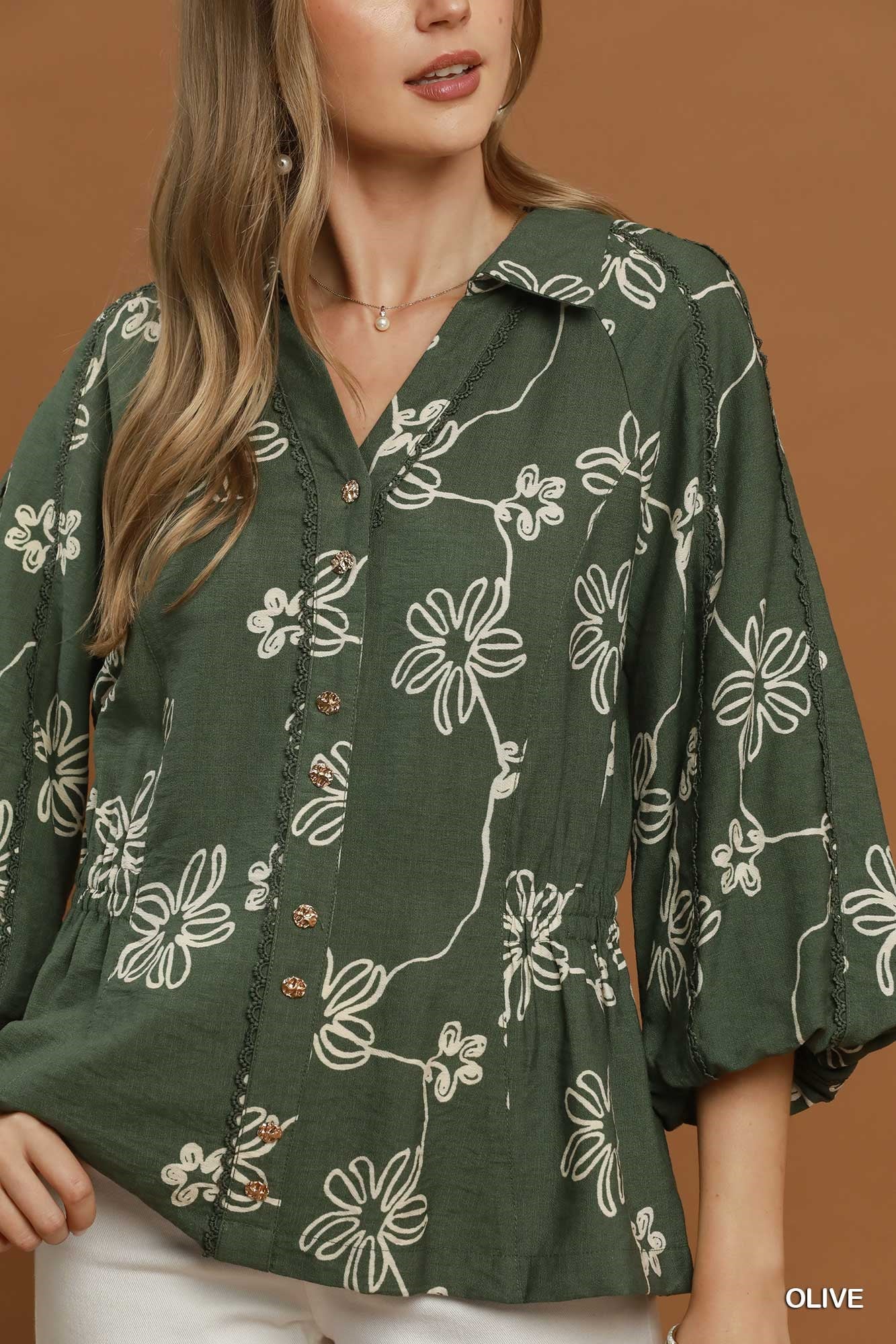 Umgee Floral Print Button Front Collared Blouse