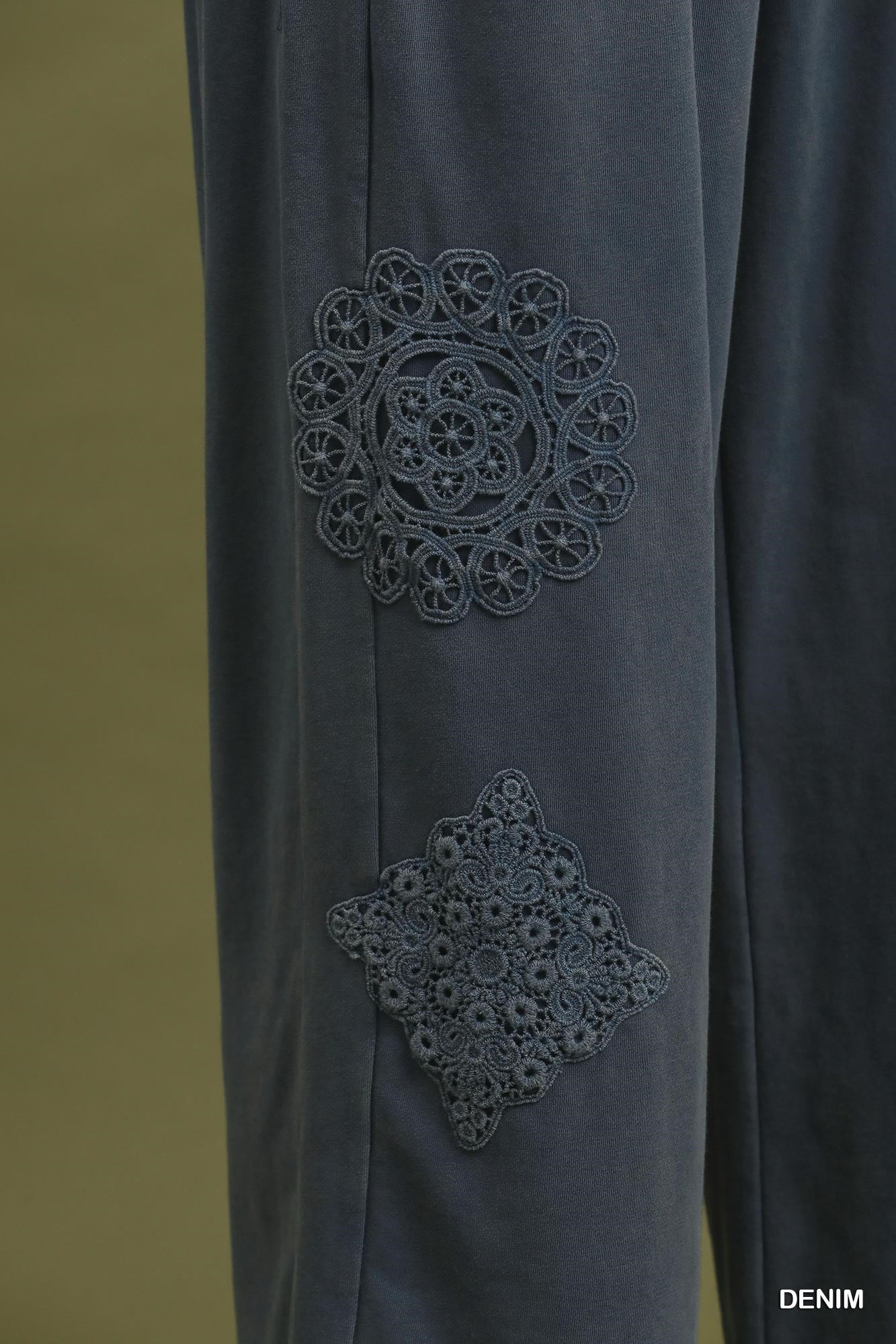 Umgee Mineral Wash Crochet Patch Barrel Pants