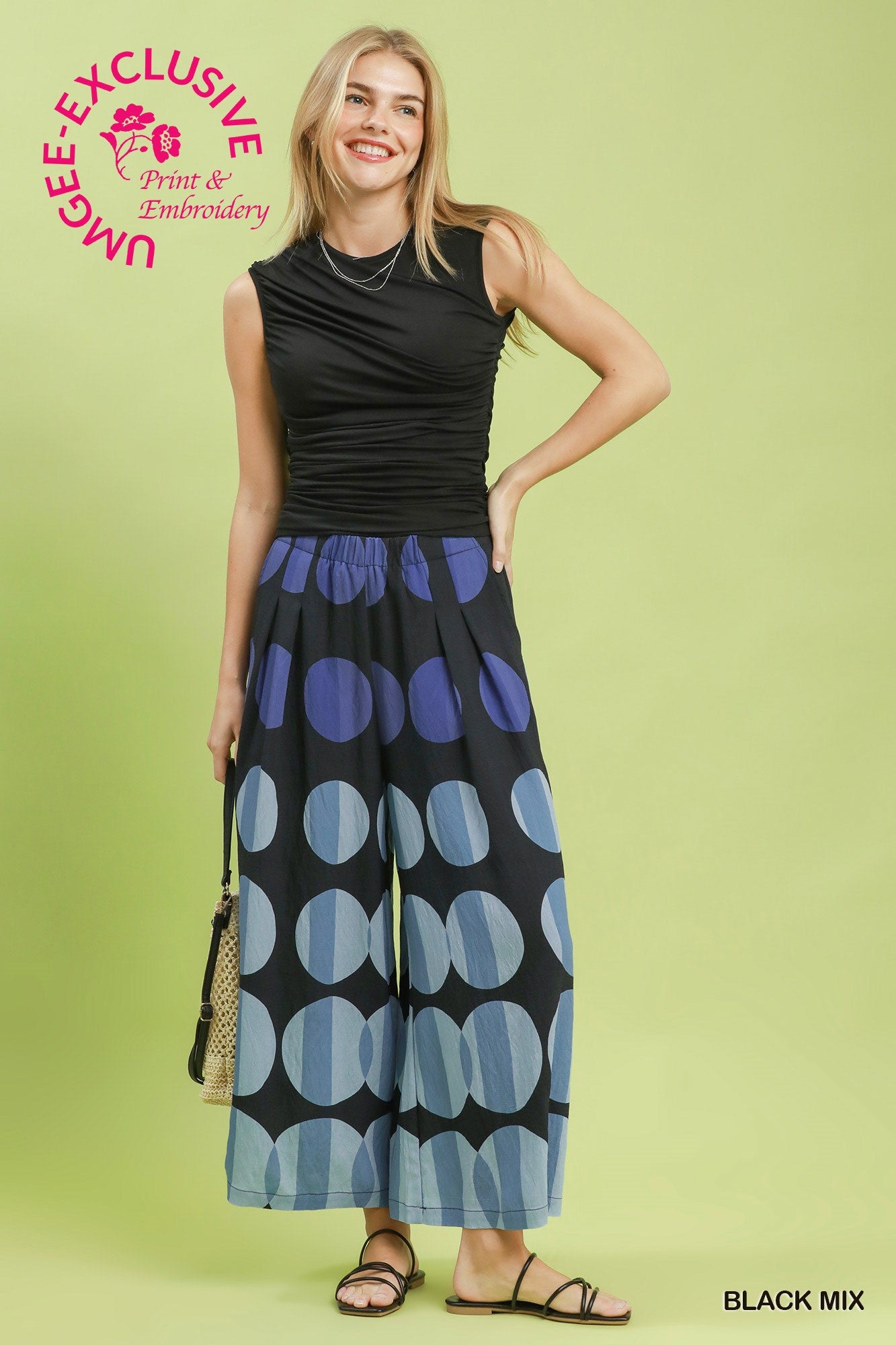 Umgee Exclusive Print Oversized Dot Wide Leg Pants