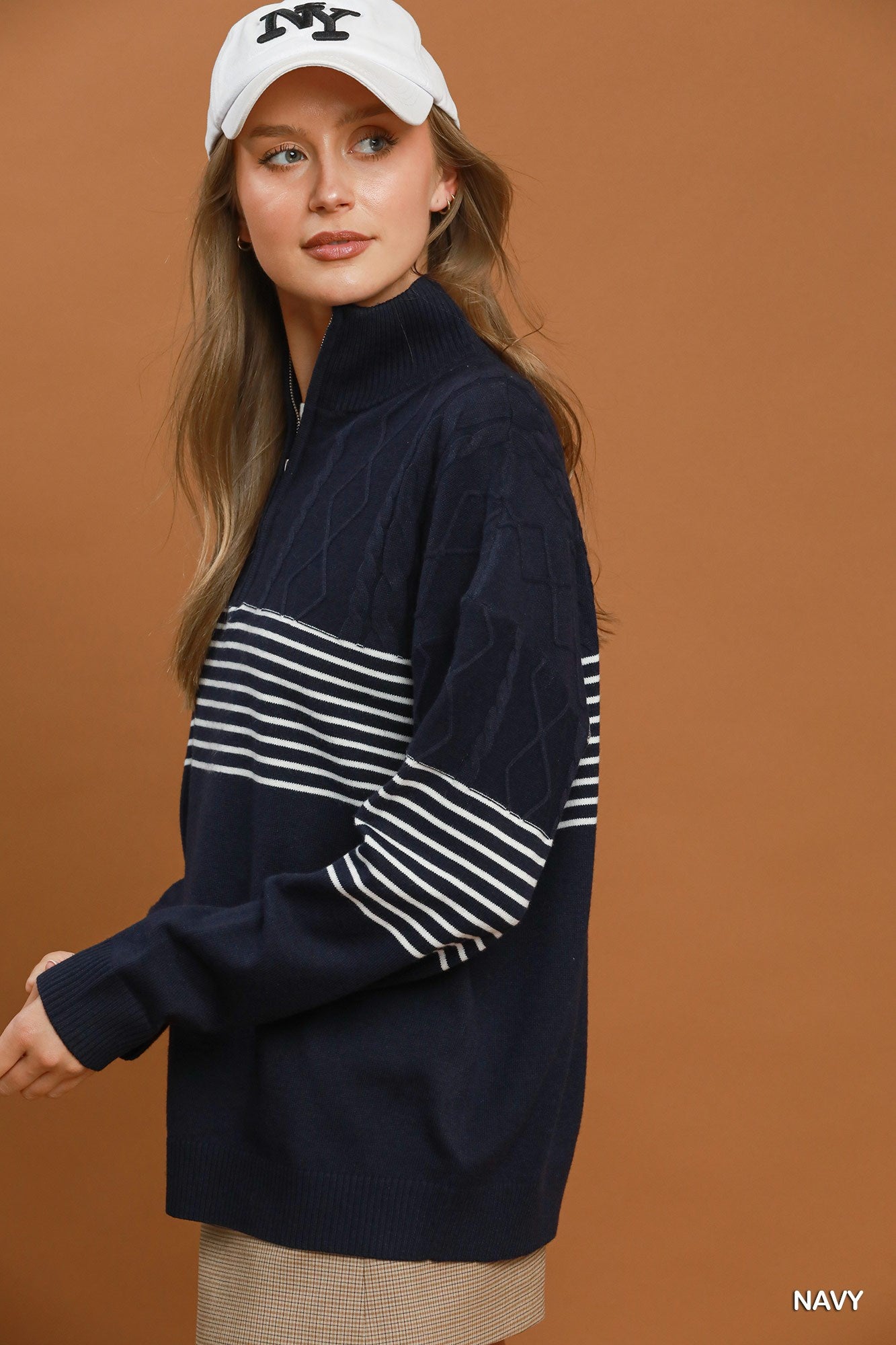 Umgee Quarter Zip Stripe Cabal Knot Sweater