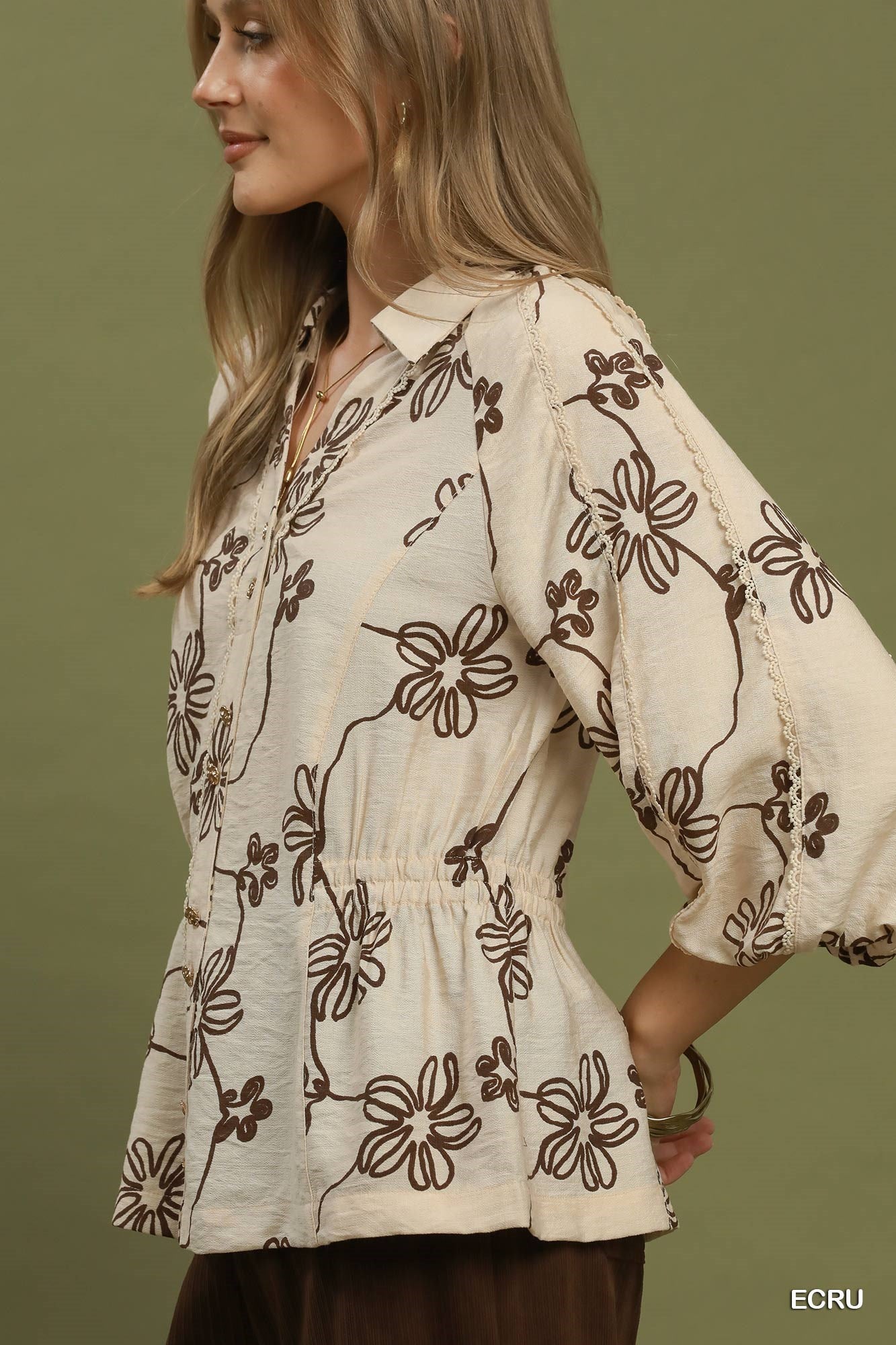 Umgee Floral Print Button Front Collared Blouse