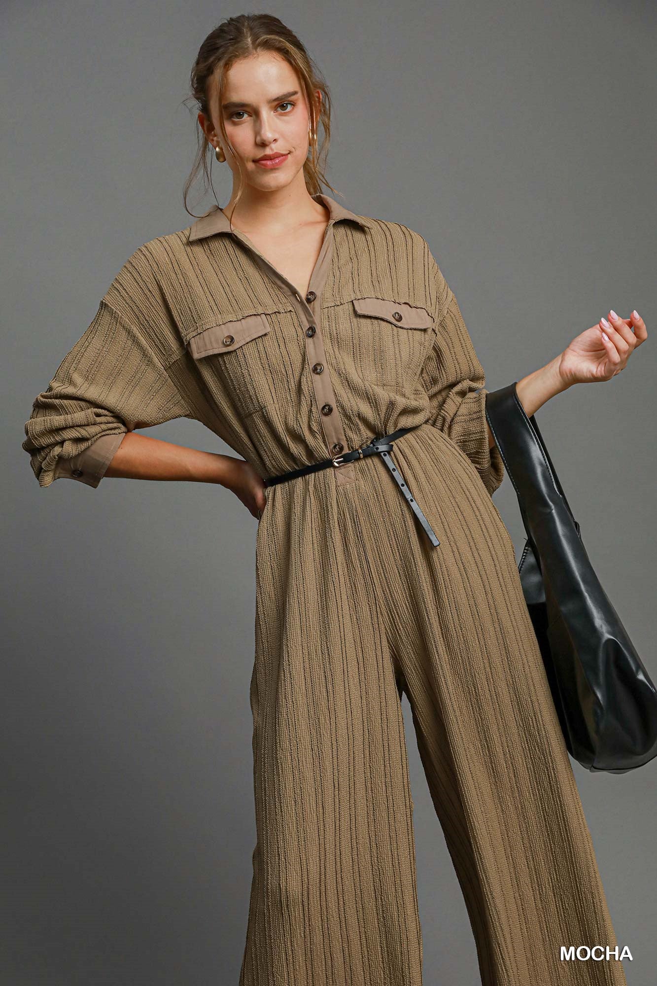 Umgee Textured Knit Jumpsuit Wide Leg