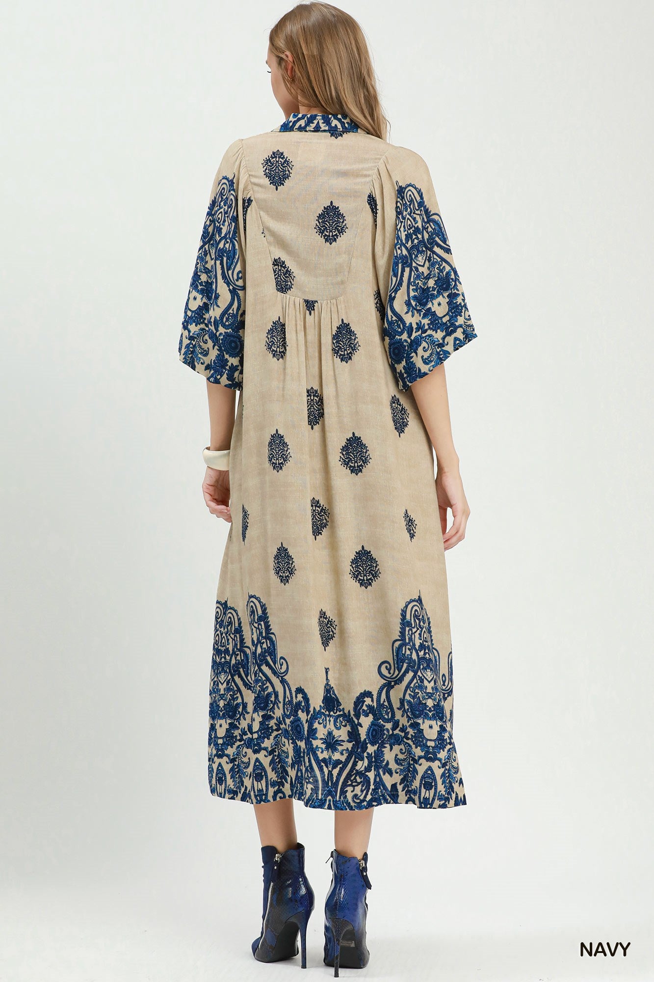 Umgee Border Print Smocked Detail Midi Dress
