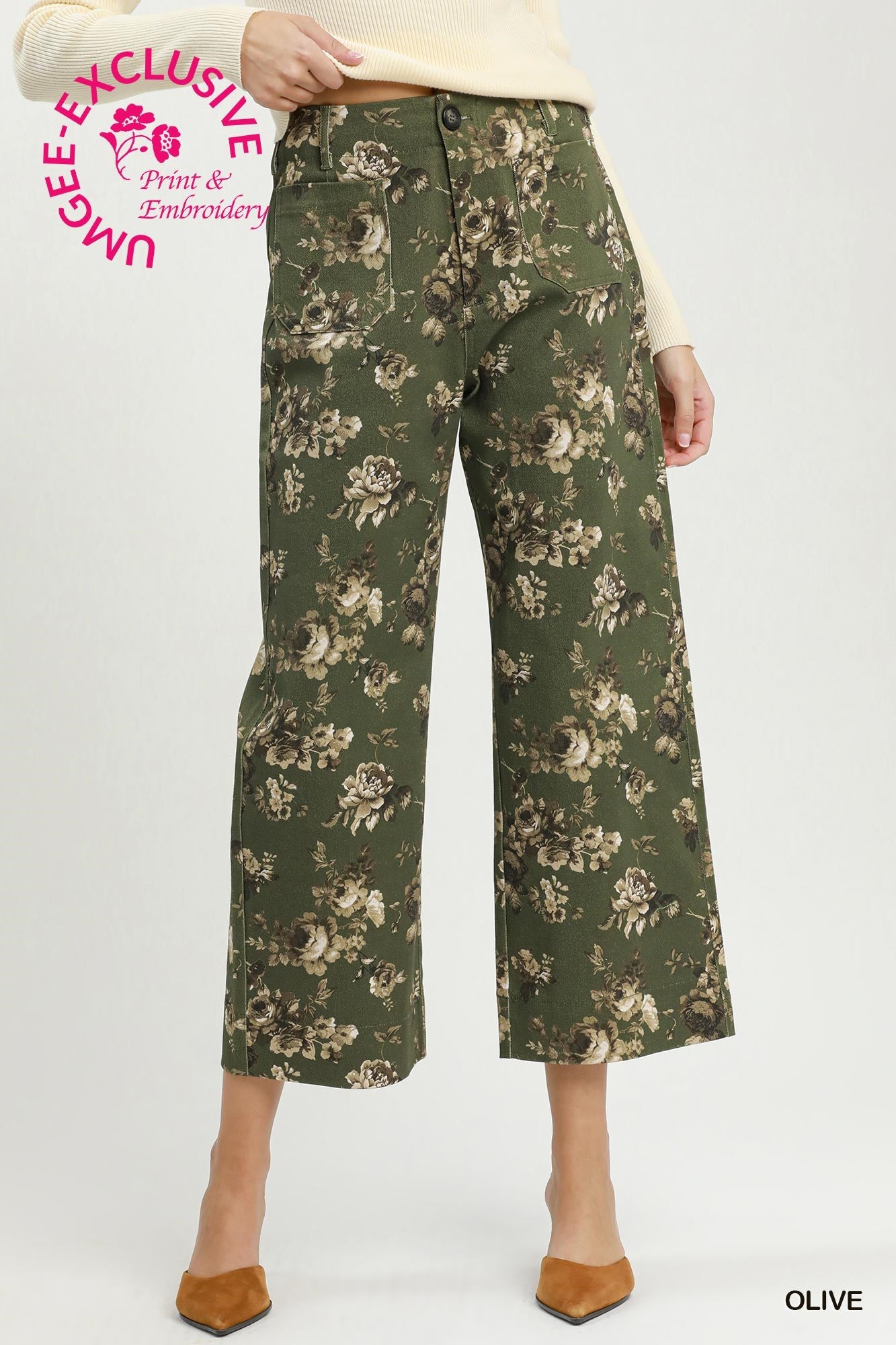 Umgee CopyRight Print, Floral Wide Leg Cropped Pants
