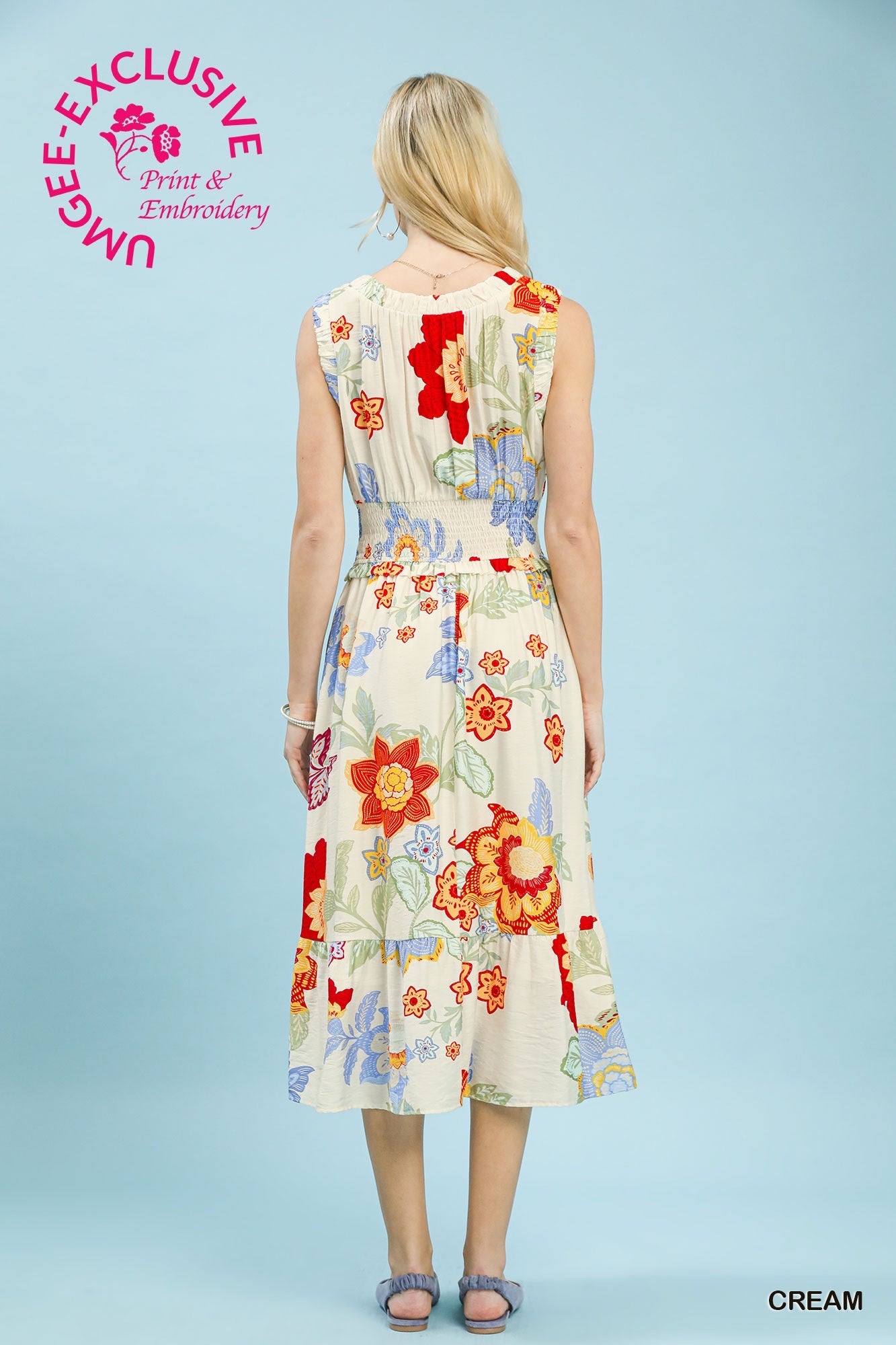 Umgee Exclusive Print Floral Smocked Midi Dress
