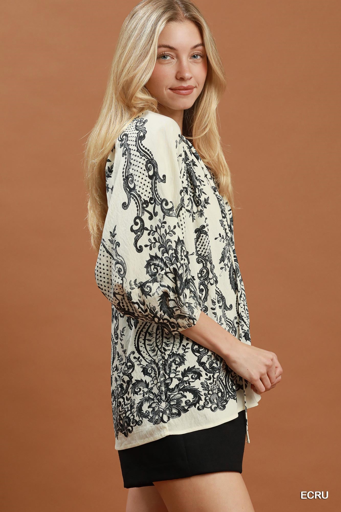 Umgee Boho Border Tie Neck Blouse