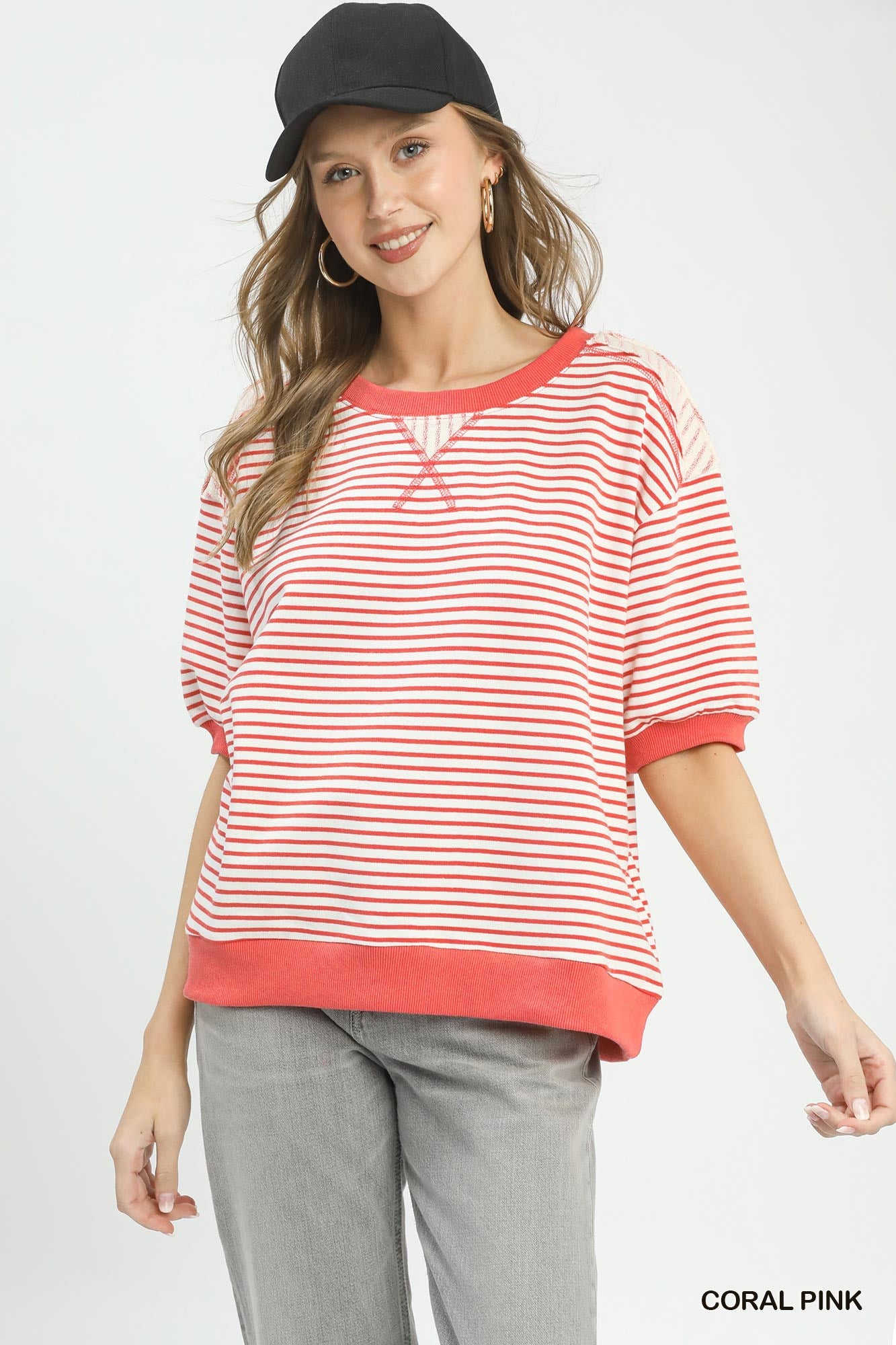 Umgee Striped Knit Short Sleeve Casual Top