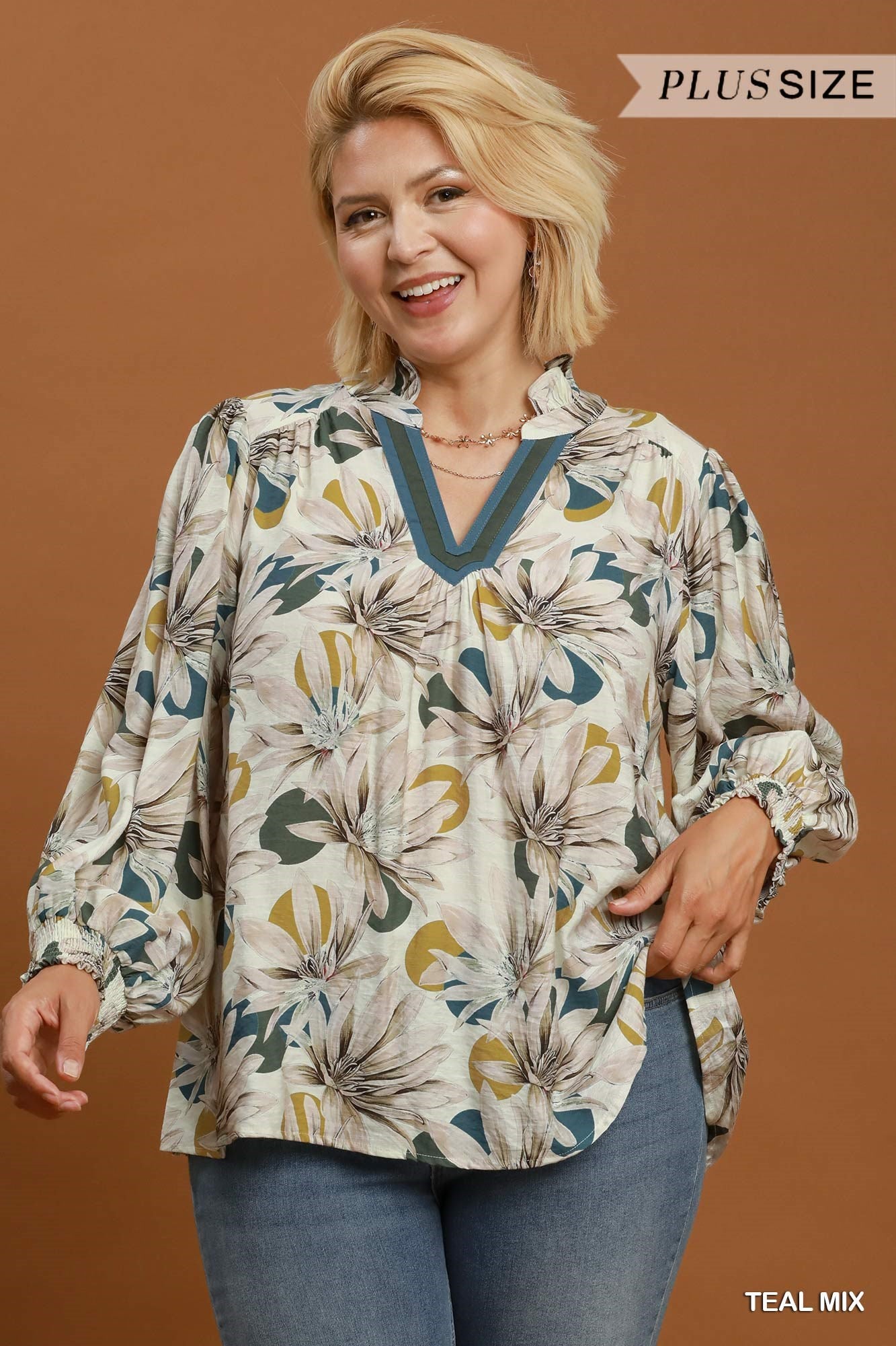 Umgee Floral Ruffle V- Neck