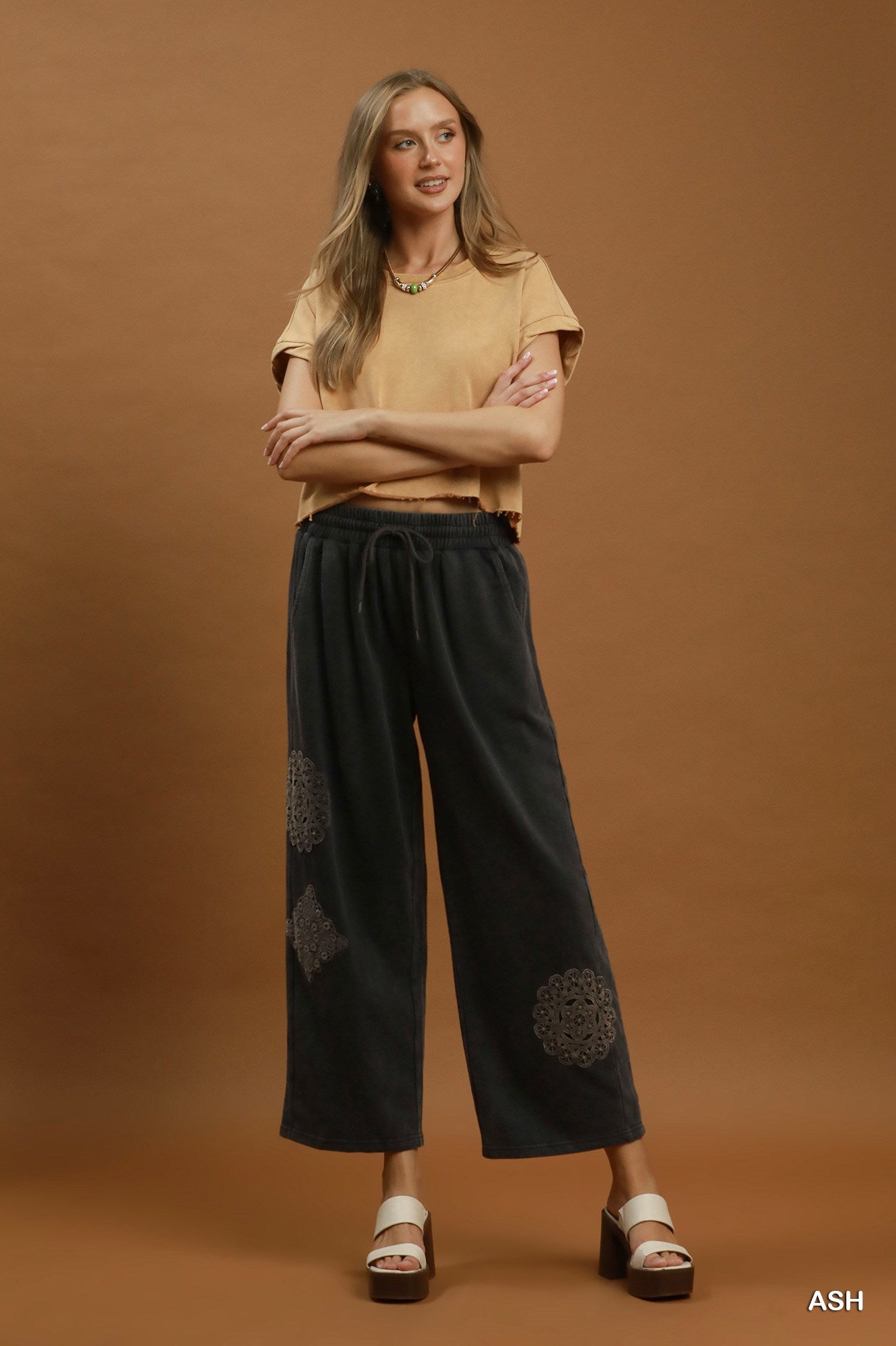 Umgee Mineral Wash Crochet Patch Barrel Pants