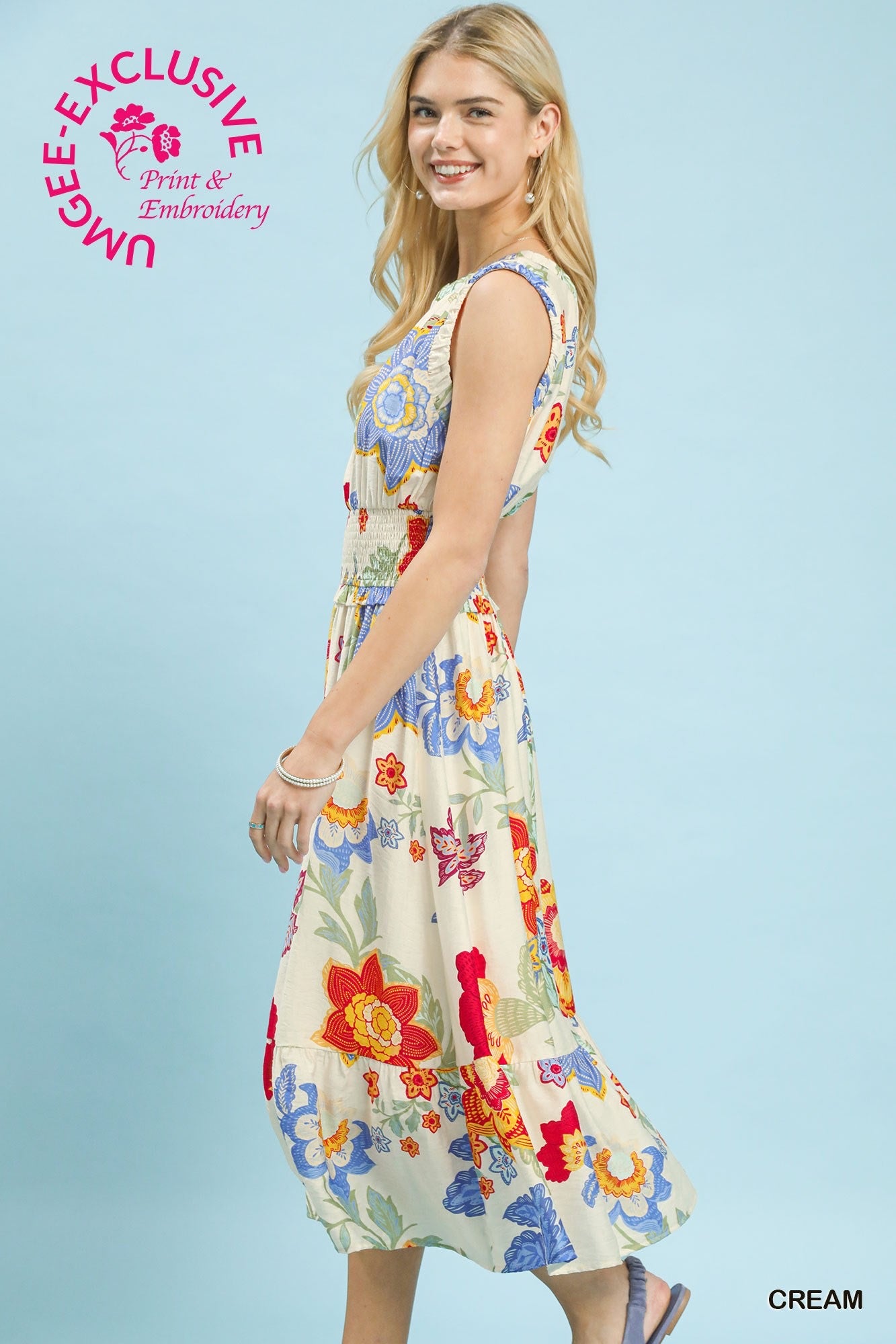 Umgee Exclusive Print Floral Smocked Midi Dress