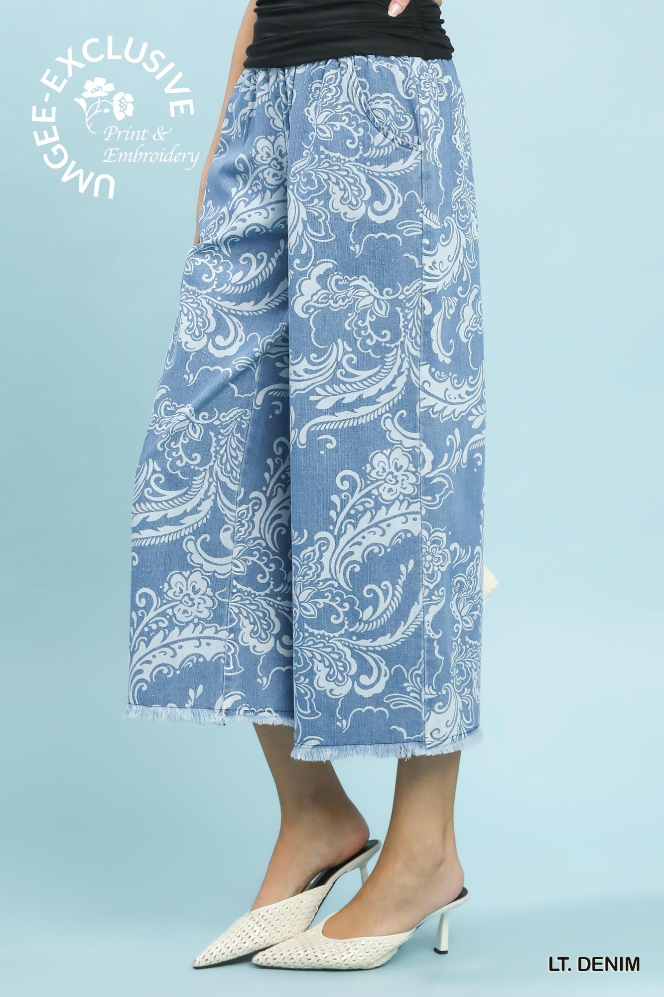 Umgee Exclusive Print Stone Wash Wide Leg Crop Pants