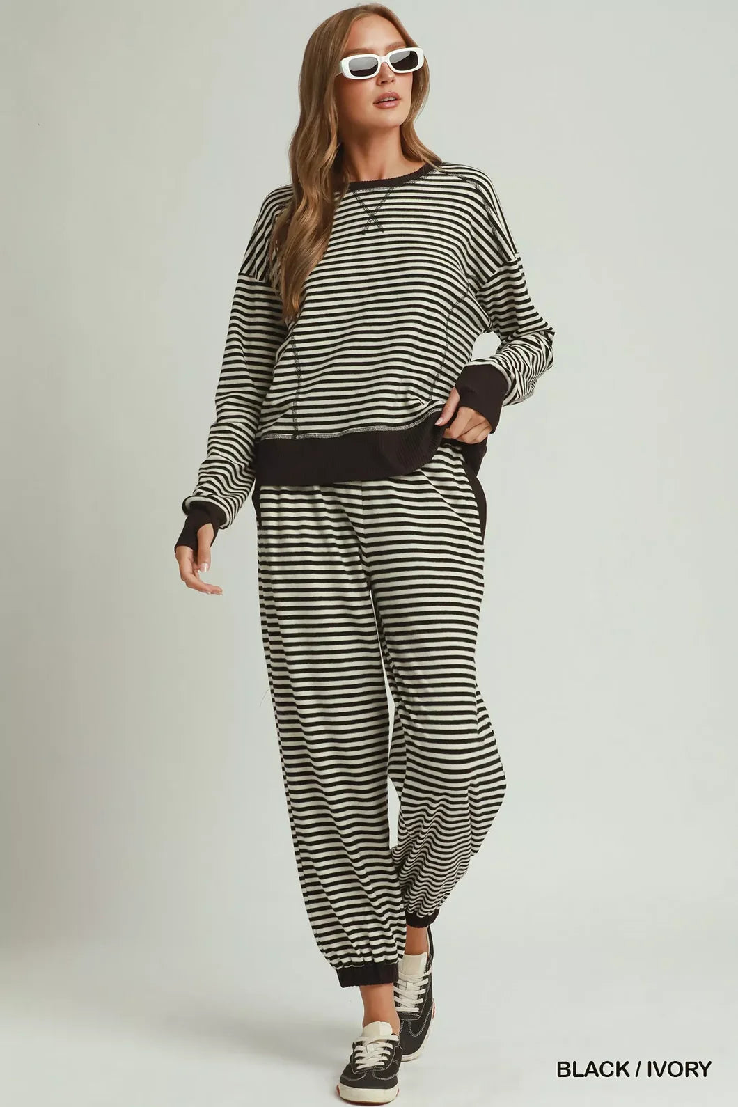 MOHMe by Umgee Tencel Fleece Stripe Crewneck & Jogger Pant Set
