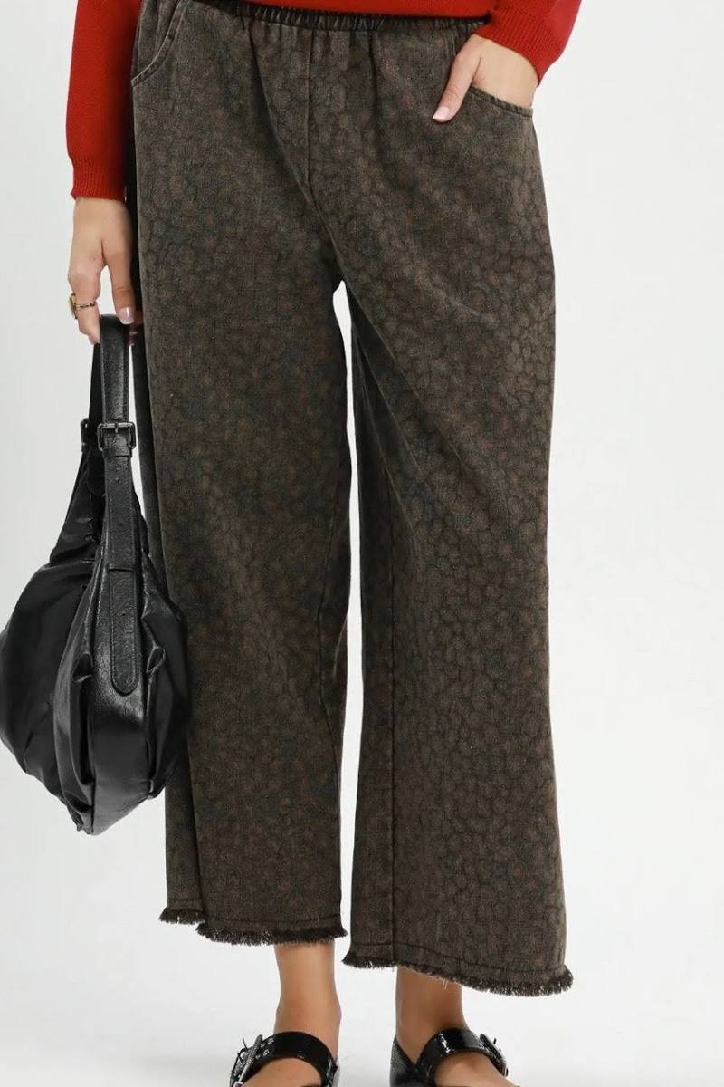 Umgee Leopard Print Frayed Hem Wide Leg Pants