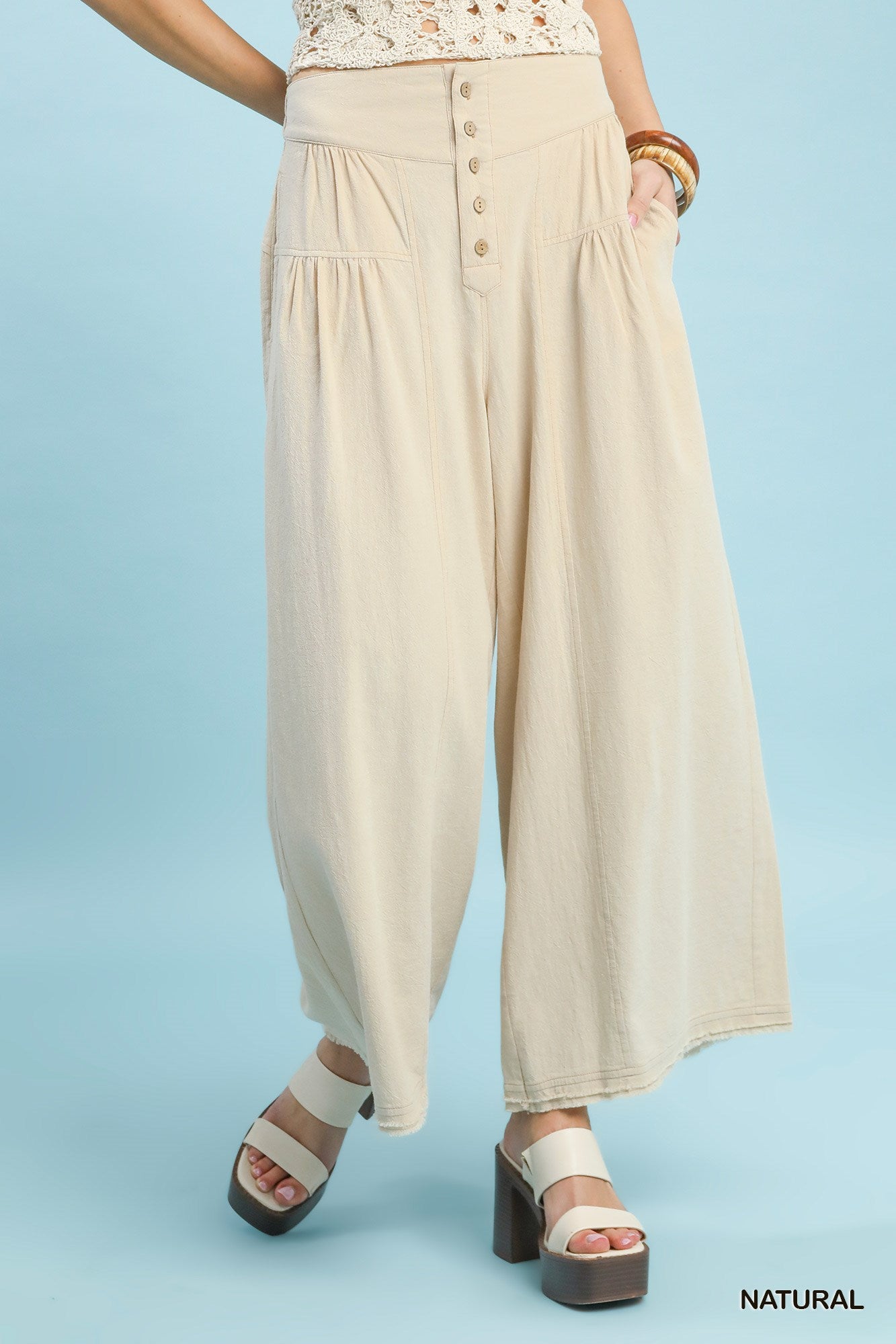 Umgee High Waist Button Front Wide Leg Pants