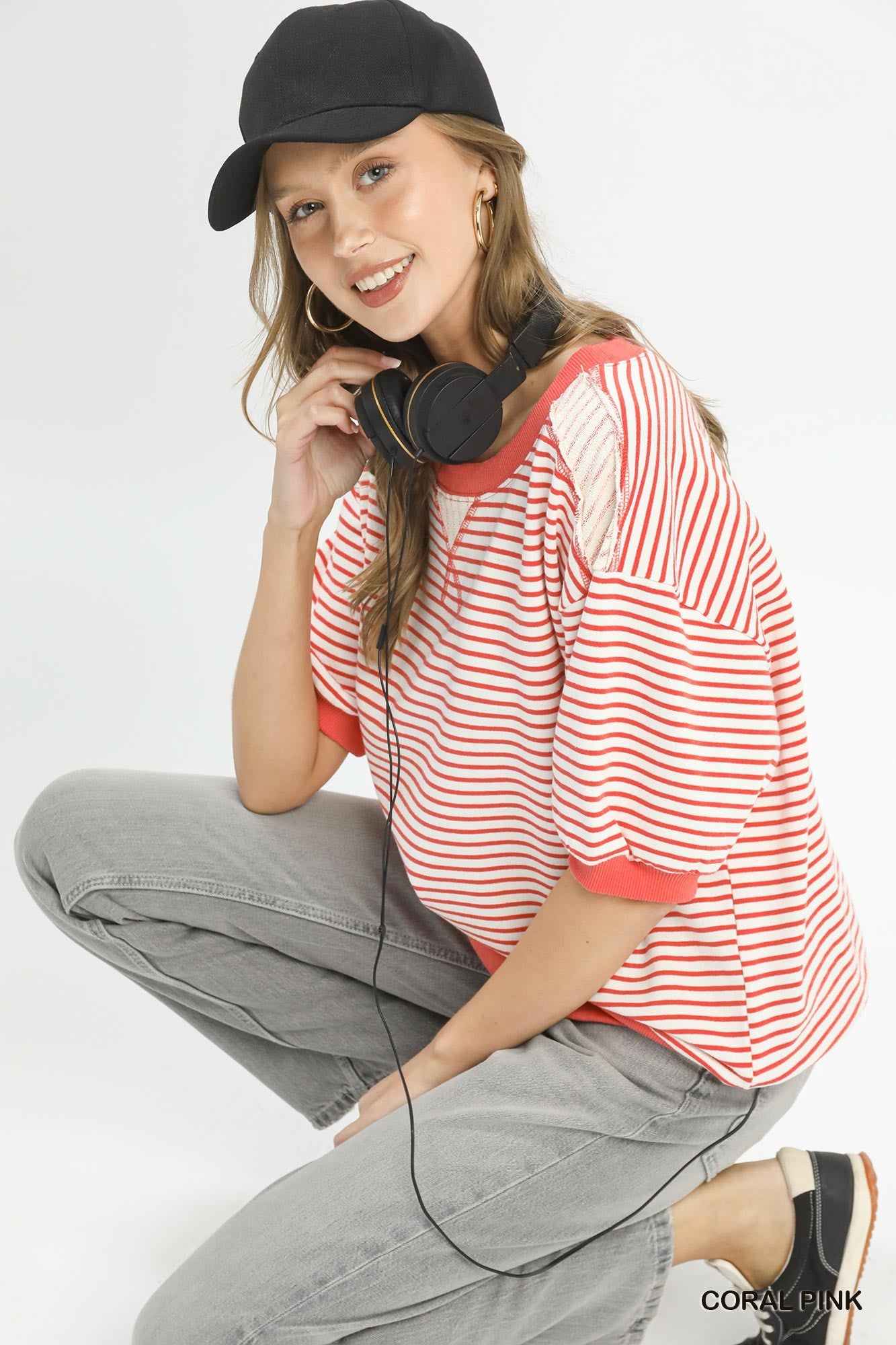 Umgee Striped Knit Short Sleeve Casual Top